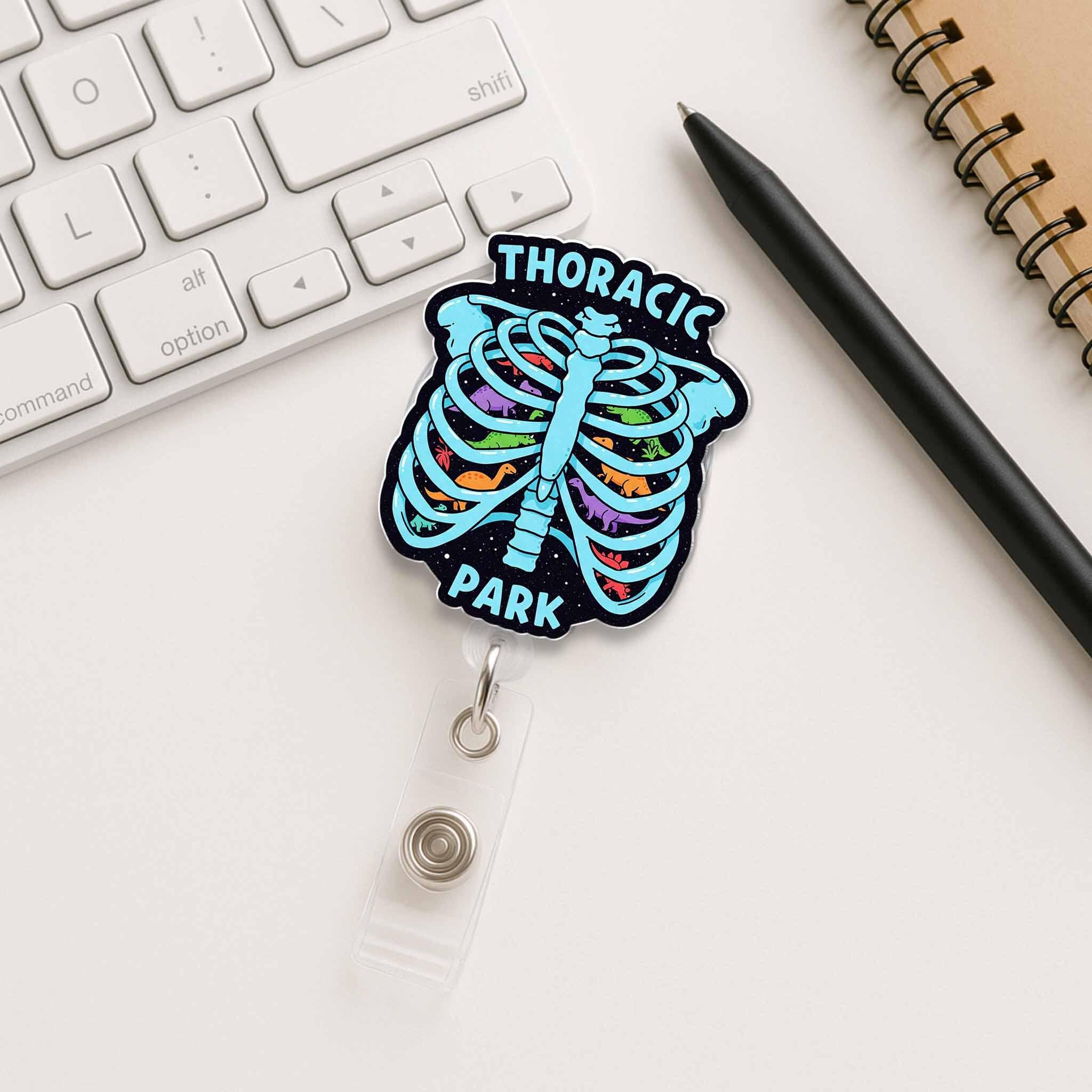 Thoracic Park Badge Reel, Funny Skeleton ID Holder, Dinosaur Nurse Gift, Rib Cage Badge, Medical Humor Clip, Healthcare Accessory