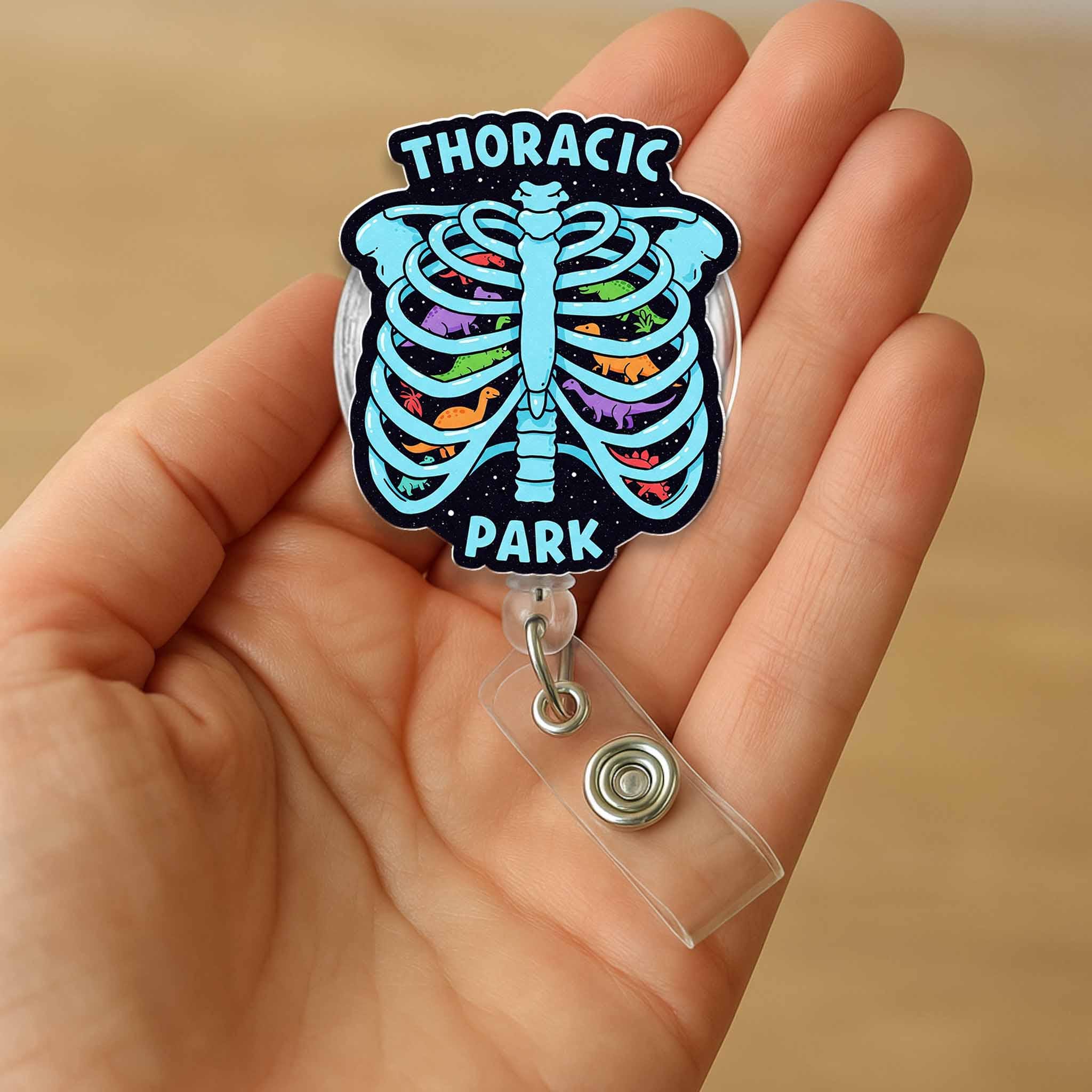 Thoracic Park Badge Reel, Funny Skeleton ID Holder, Dinosaur Nurse Gift, Rib Cage Badge, Medical Humor Clip, Healthcare Accessory