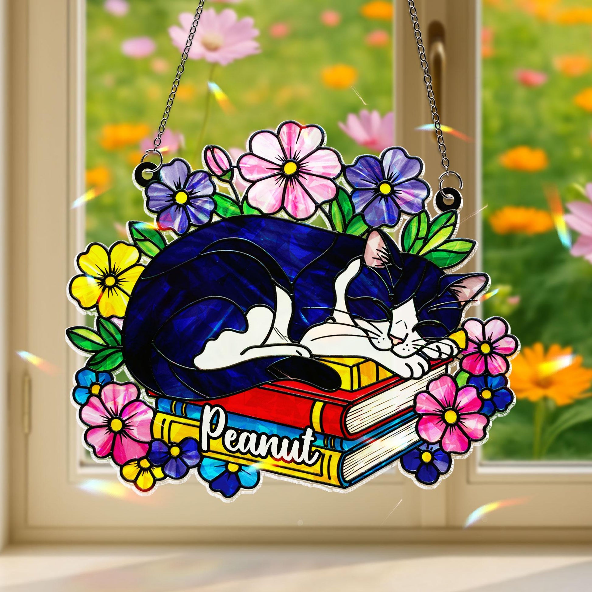 Personalized Cat Sleeping on Books Acrylic Window Hanging Ornament, Custom Name Floral Decor, Cute Pet Lover Gift for Bookworm Friend