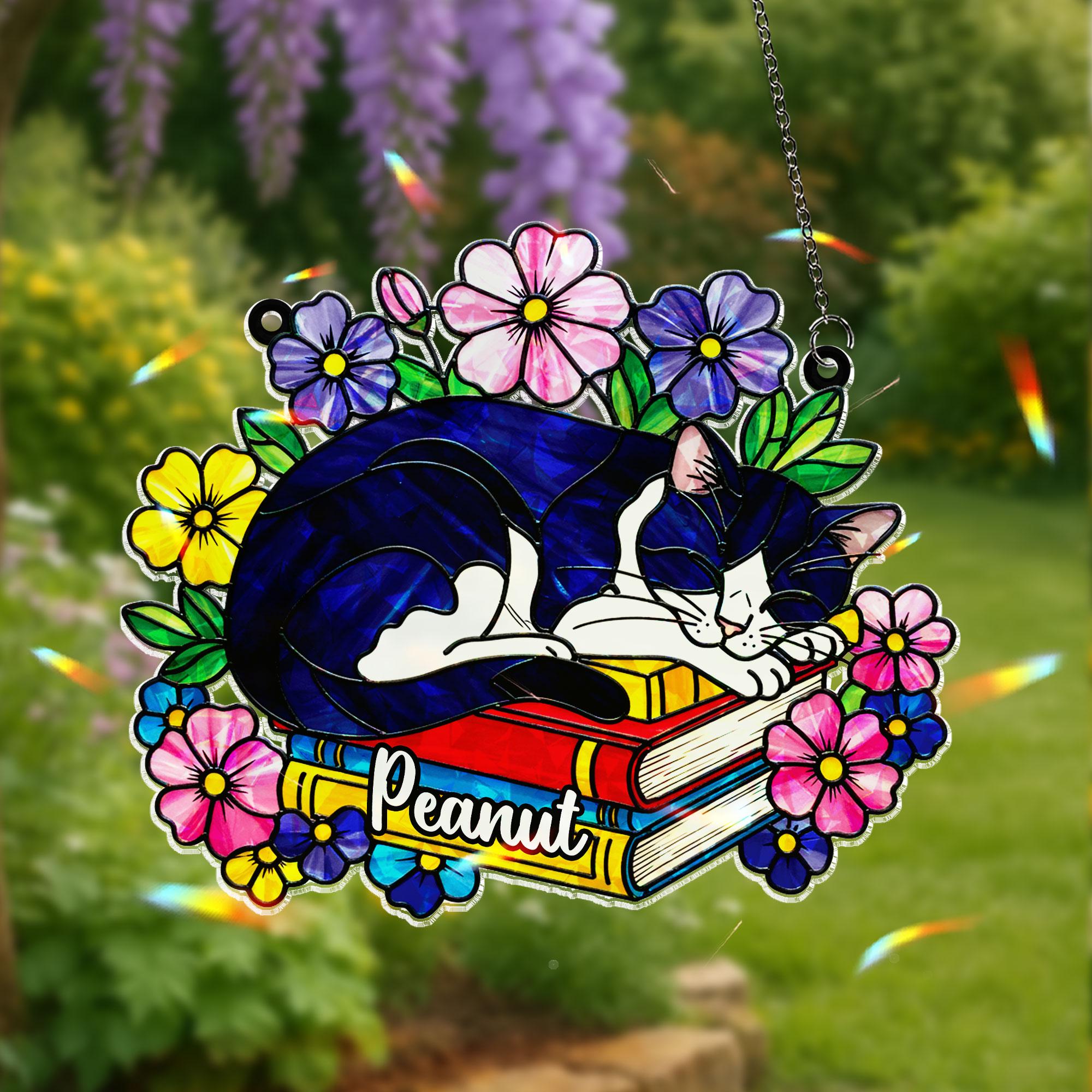 Personalized Cat Sleeping on Books Acrylic Window Hanging Ornament, Custom Name Floral Decor, Cute Pet Lover Gift for Bookworm Friend