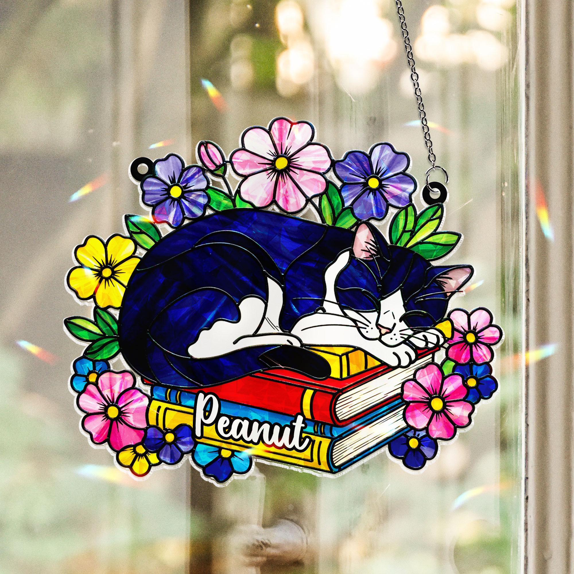 Personalized Cat Sleeping on Books Acrylic Window Hanging Ornament, Custom Name Floral Decor, Cute Pet Lover Gift for Bookworm Friend