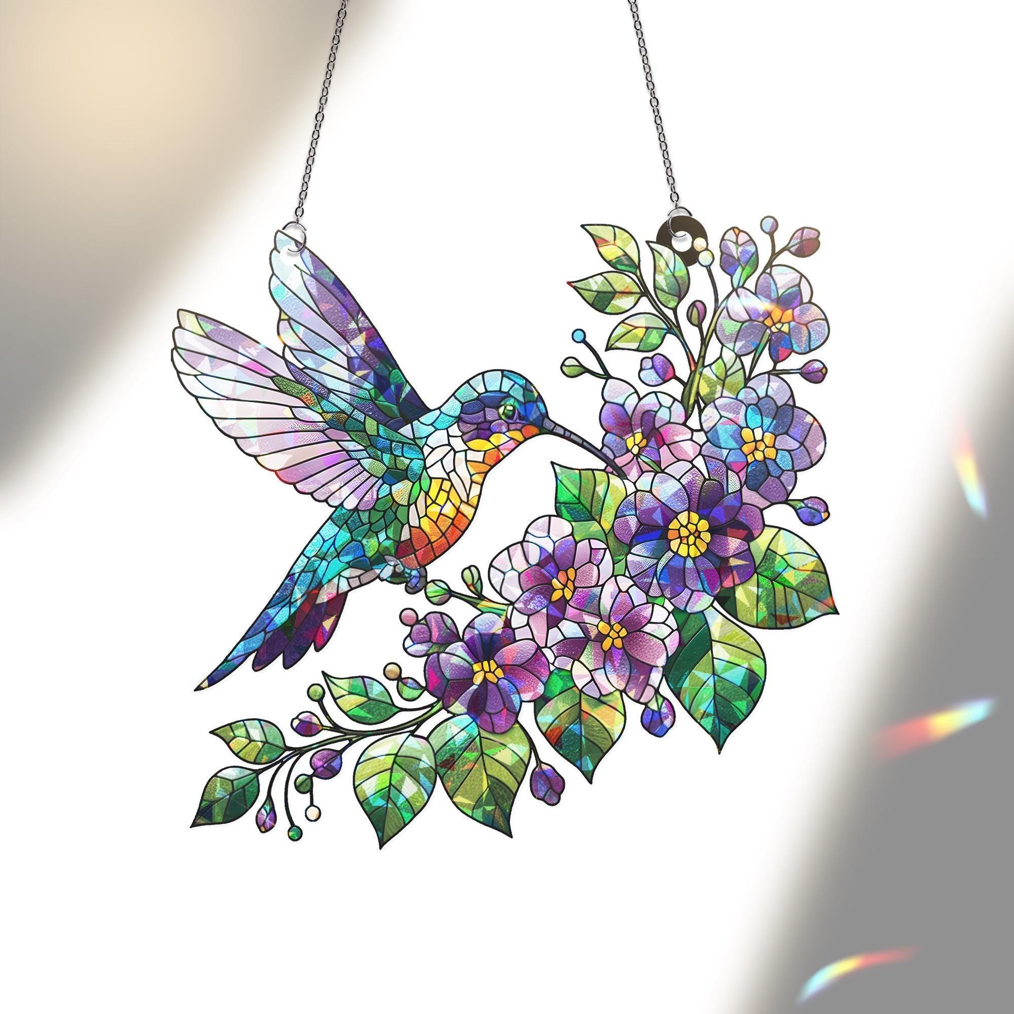 Hummingbird Floral Acrylic Window Hanging Ornament, Colorful Bird & Flower Decor Panel, Nature Lover Gift, Bright Window Art Accent