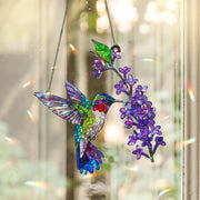 Hummingbird Acrylic Window Hanging Ornament, Colorful Bird & Purple Flowers Decor Panel, Nature Lover Gift, Bird Watcher Home Decor Art