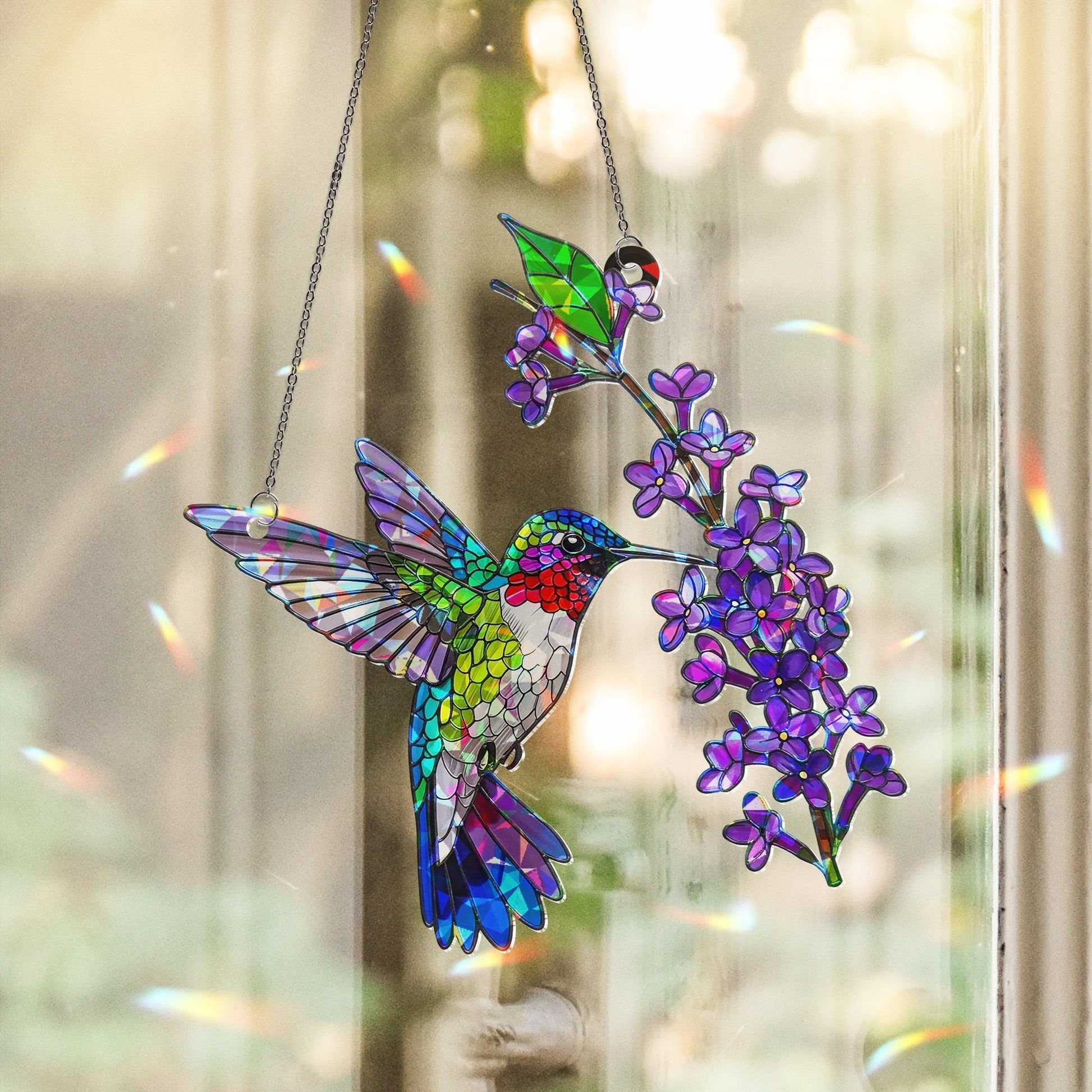 Hummingbird Acrylic Window Hanging Ornament, Colorful Bird & Purple Flowers Decor Panel, Nature Lover Gift, Bird Watcher Home Decor Art