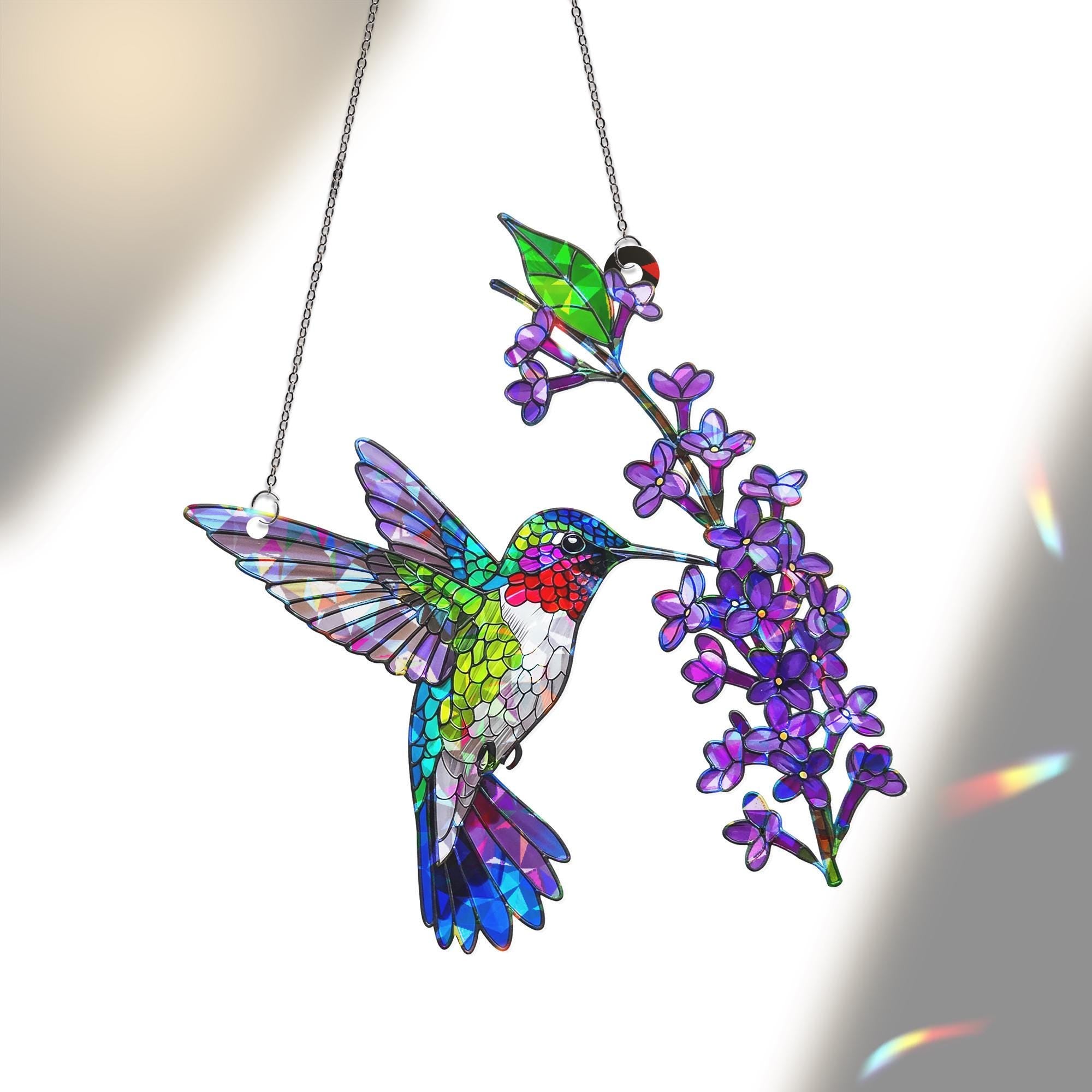 Hummingbird Acrylic Window Hanging Ornament, Colorful Bird & Purple Flowers Decor Panel, Nature Lover Gift, Bird Watcher Home Decor Art