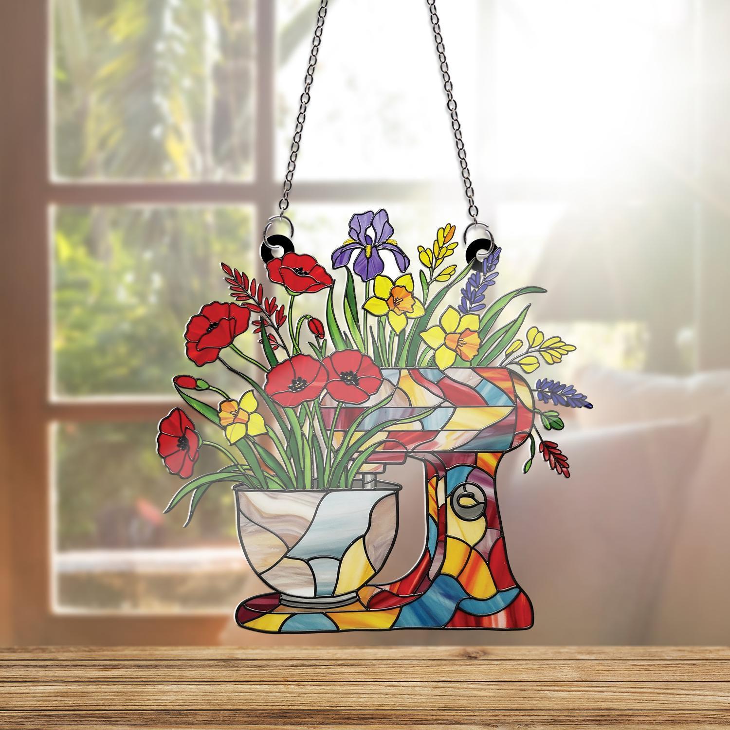 Floral Kitchen Mixer Acrylic Window Hanging Ornament, Colorful Flower Bouquet Decor, Baker Gift, Mom Housewarming Panel Gift Idea