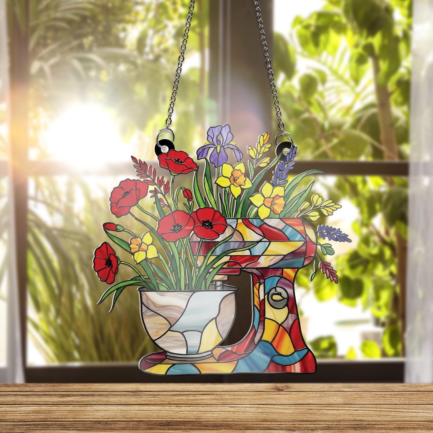 Floral Kitchen Mixer Acrylic Window Hanging Ornament, Colorful Flower Bouquet Decor, Baker Gift, Mom Housewarming Panel Gift Idea
