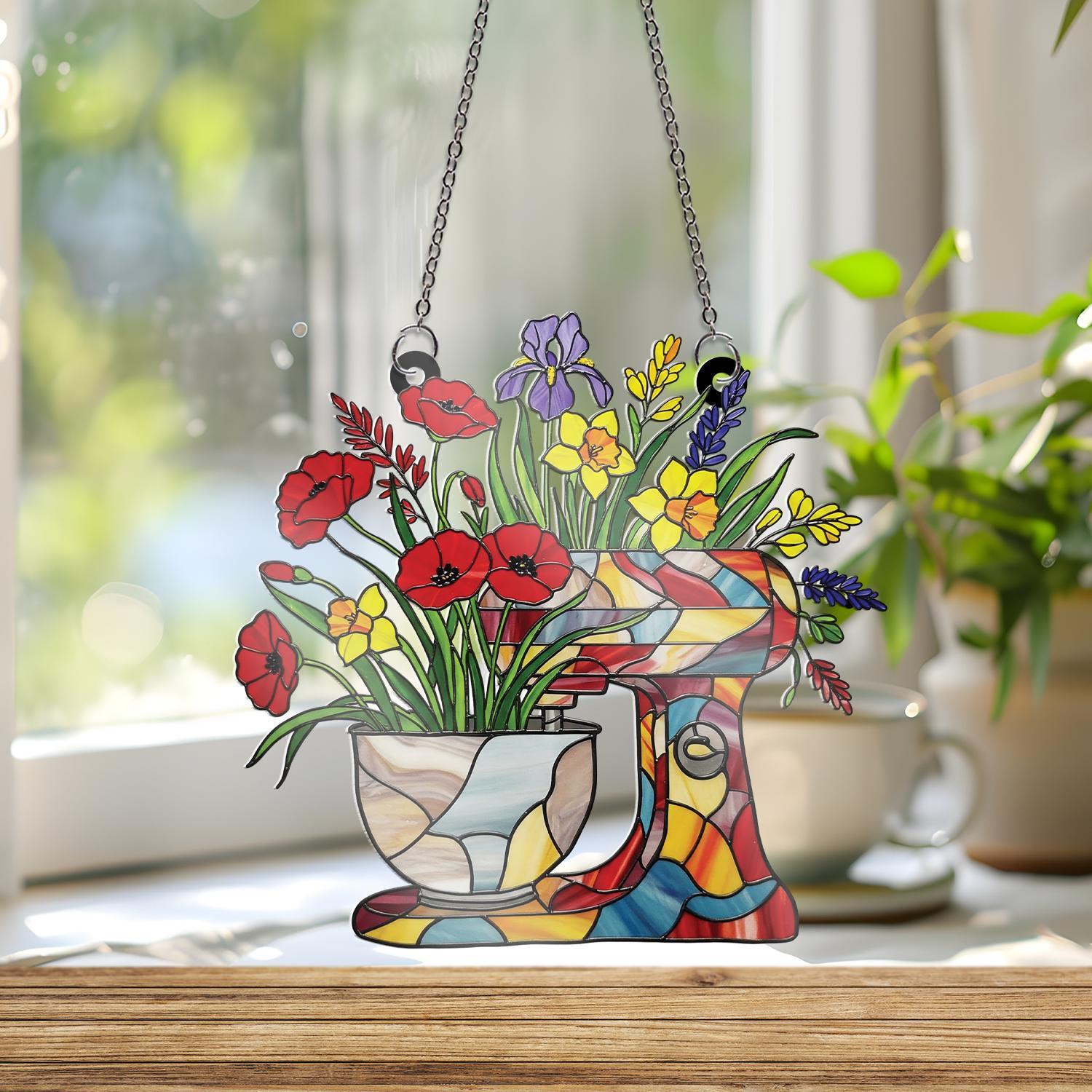 Floral Kitchen Mixer Acrylic Window Hanging Ornament, Colorful Flower Bouquet Decor, Baker Gift, Mom Housewarming Panel Gift Idea