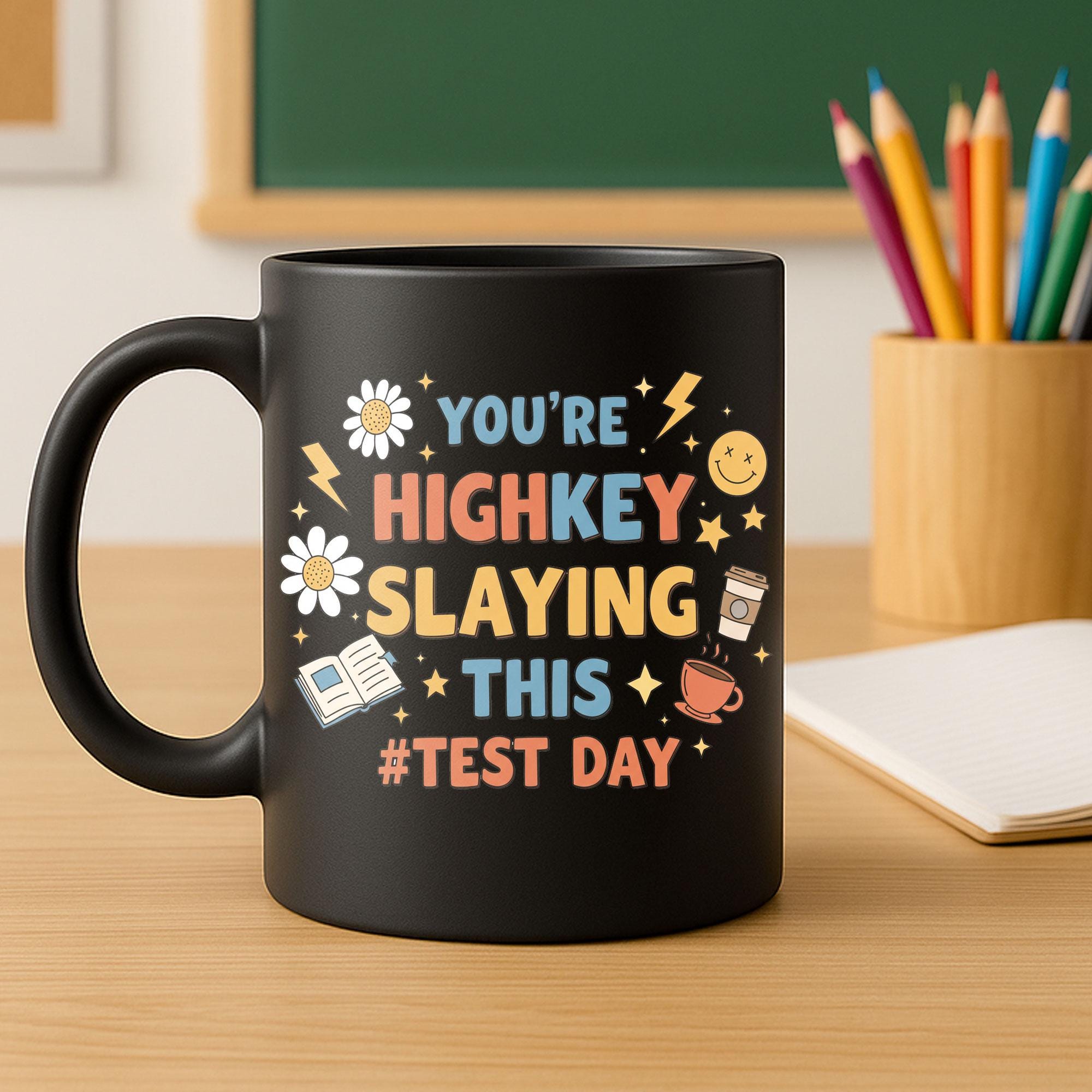 Test Day Encouragement Ceramic Mug, Highkey Slaying Cute Retro Coffee Cup, Motivational Good Luck Gift for Student, Exam Study Success