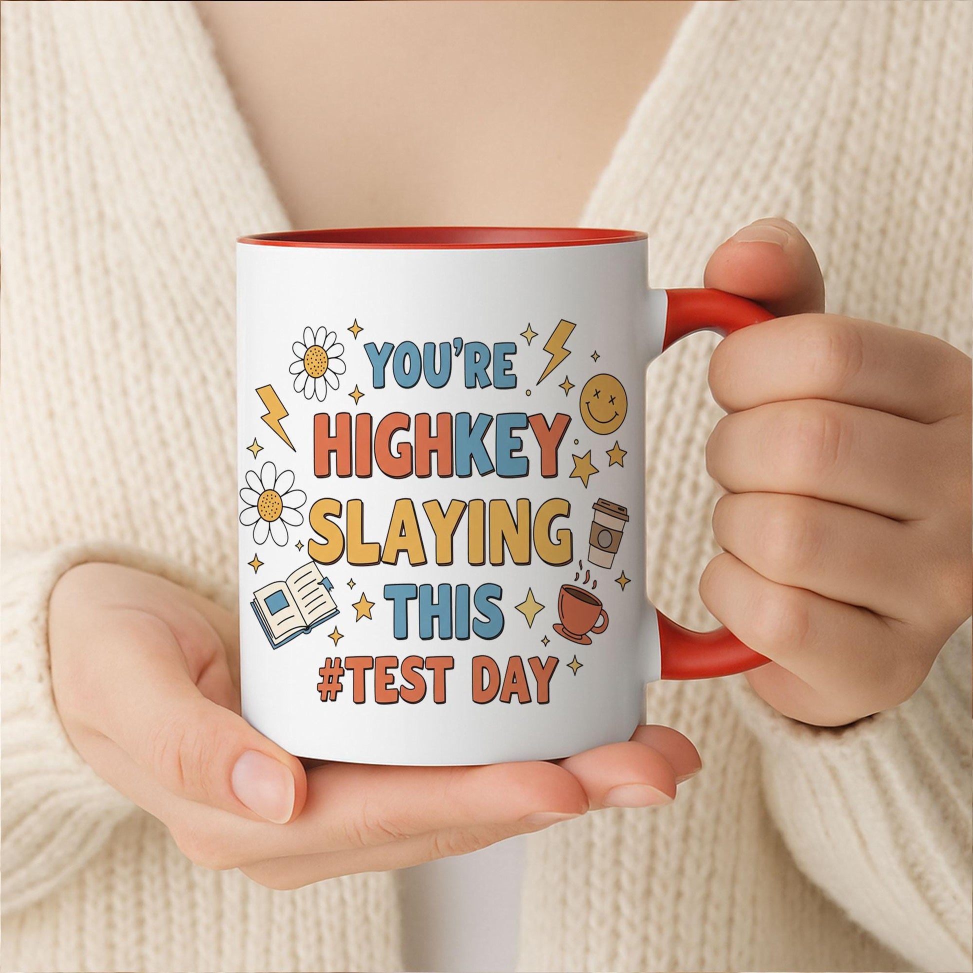 Test Day Encouragement Ceramic Mug, Highkey Slaying Cute Retro Coffee Cup, Motivational Good Luck Gift for Student, Exam Study Success
