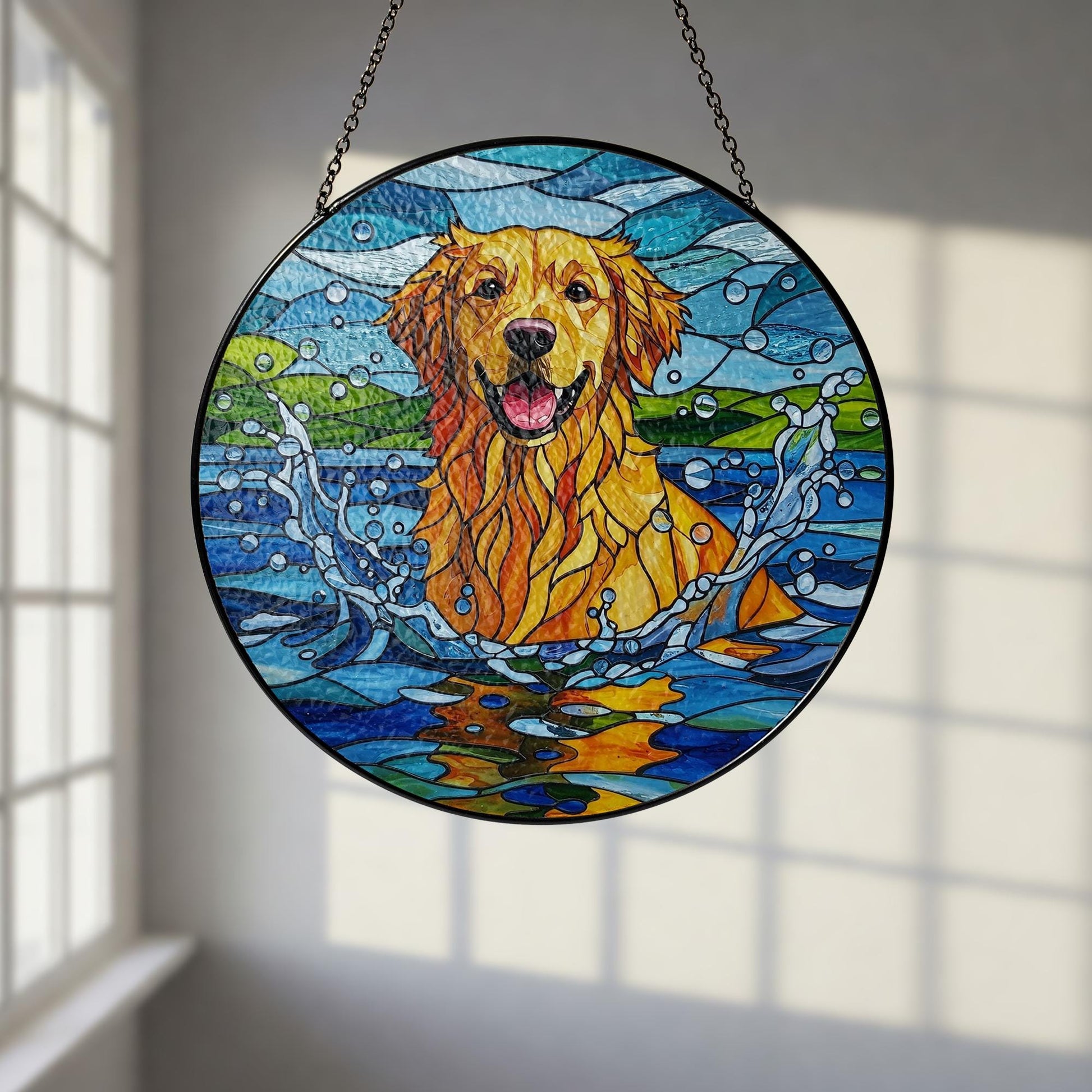 Golden Retriever Glass Suncatcher, Dog Playing in Water Window Art, Pet Lover Gift, Cute Animal Decor for Dog Owners, Dog Mom Gift, Dad Gift