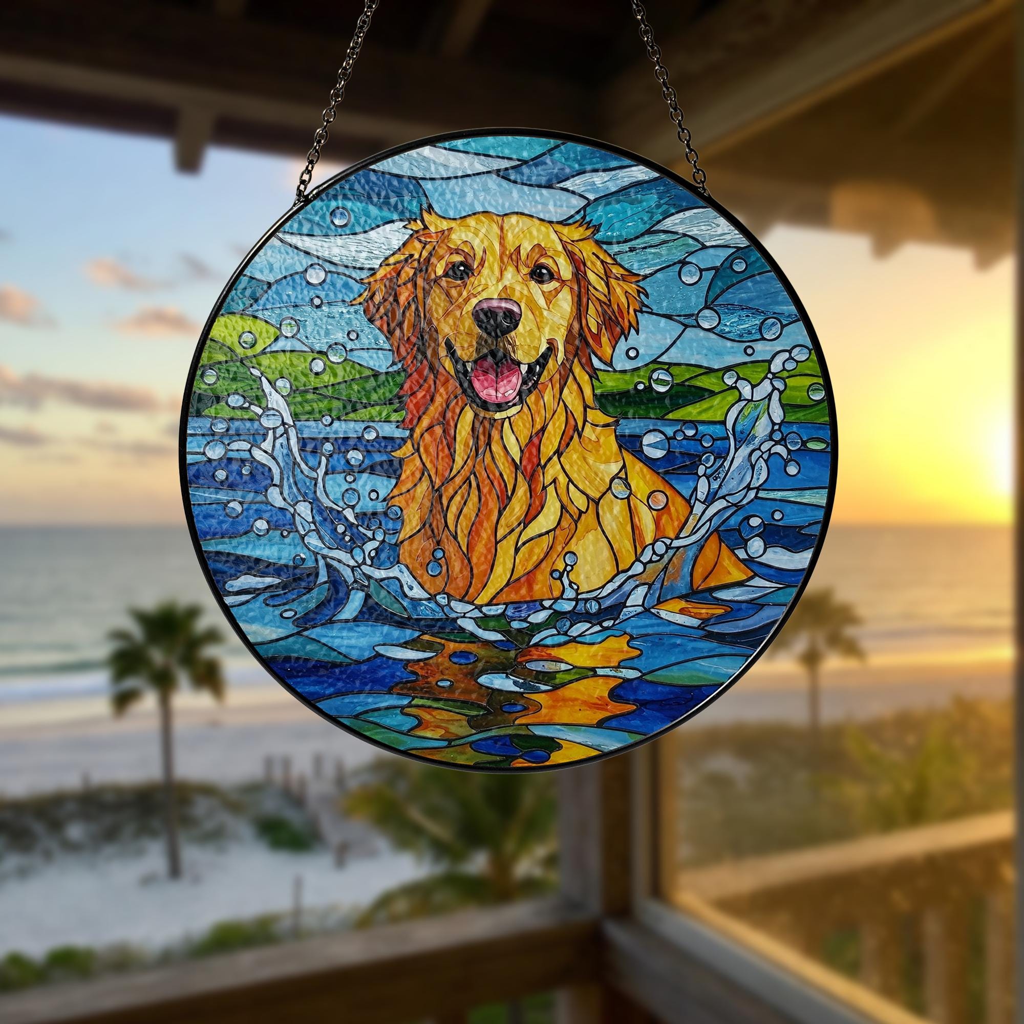 Golden Retriever Glass Suncatcher, Dog Playing in Water Window Art, Pet Lover Gift, Cute Animal Decor for Dog Owners, Dog Mom Gift, Dad Gift