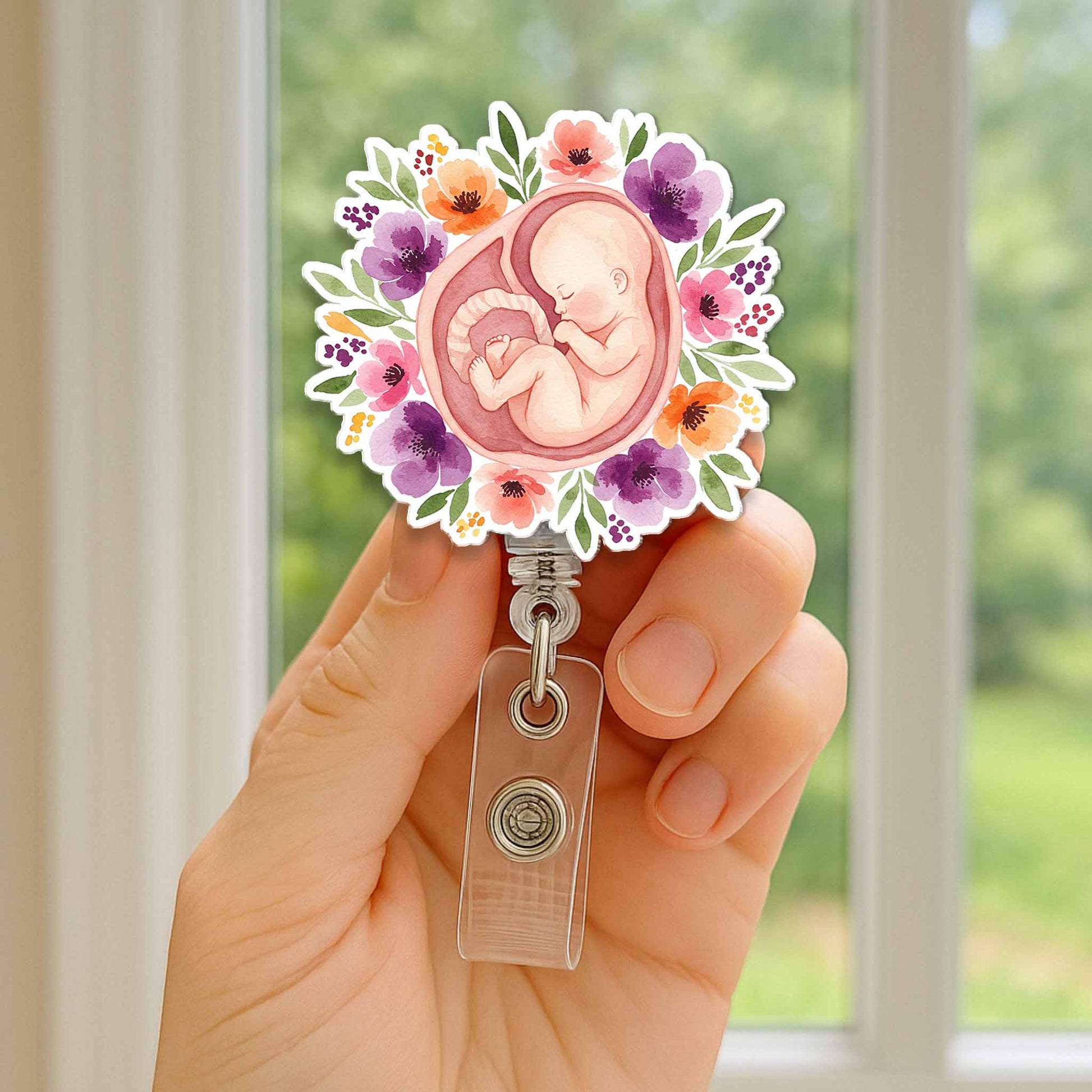 Floral Pregnancy Badge Reel , Fetal Baby Badge Holder, OB Nurse ID Clip, Midwife Gift, Labor and Delivery Nurse Retractable Reel