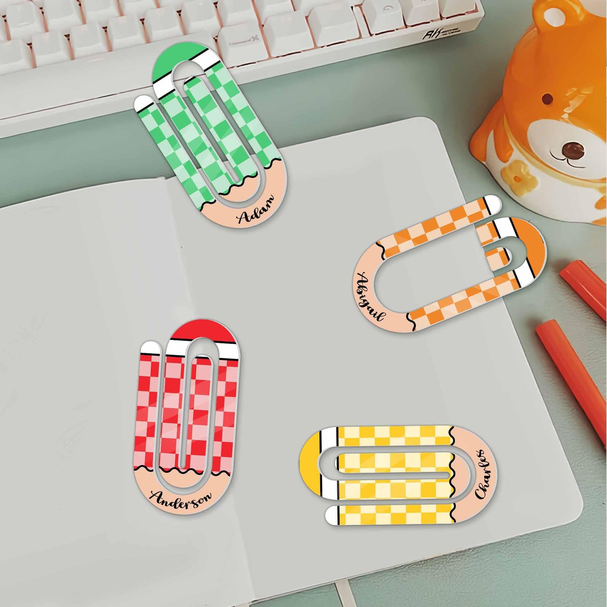 Personalized Paper Clip Bookmarks, Custom Name Page Markers, Cute Checkered Stationery, Fun Office Gift, Back to School Supplies