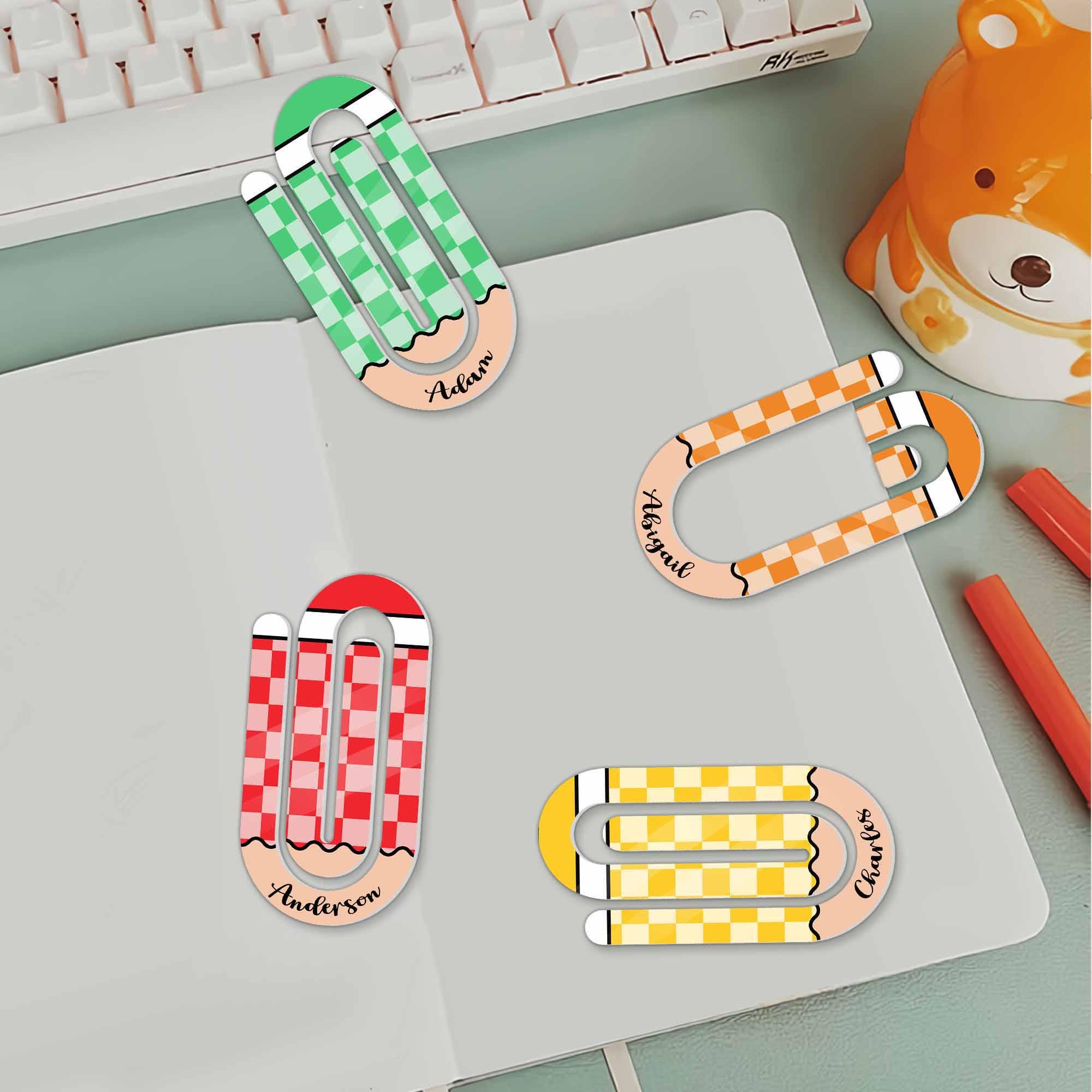 Personalized Paper Clip Bookmarks, Custom Name Page Markers, Cute Checkered Stationery, Fun Office Gift, Back to School Supplies