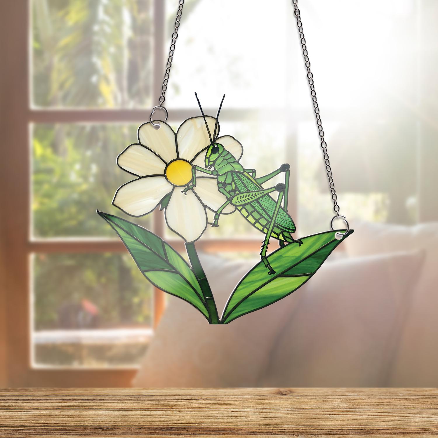 Grasshopper on White Flower ACRYLIC Window Hanging, Nature Insect Suncatcher, Garden Decor, Gift for Bug Lovers and Botanistsm, Gift For Mom