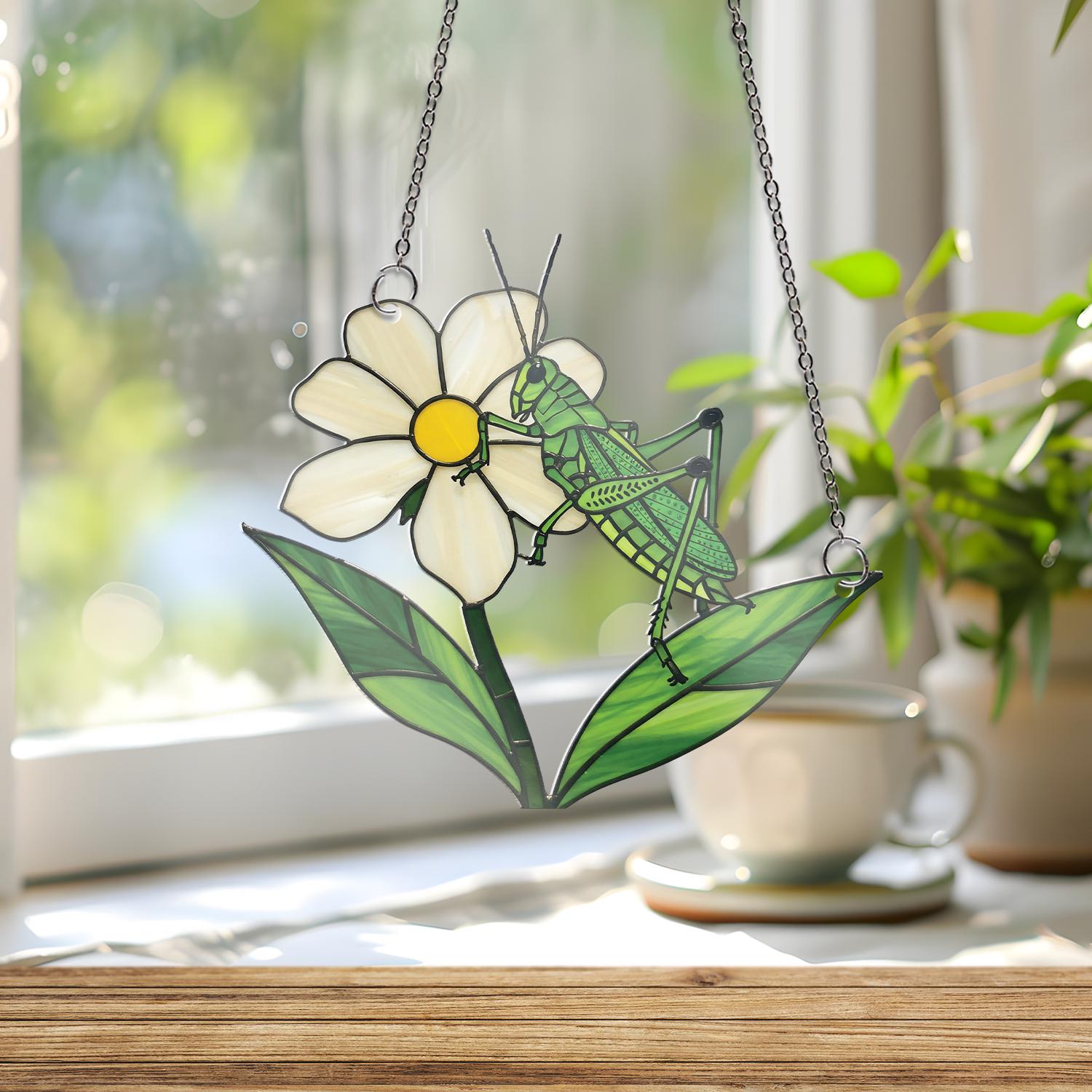 Grasshopper on White Flower ACRYLIC Window Hanging, Nature Insect Suncatcher, Garden Decor, Gift for Bug Lovers and Botanistsm, Gift For Mom