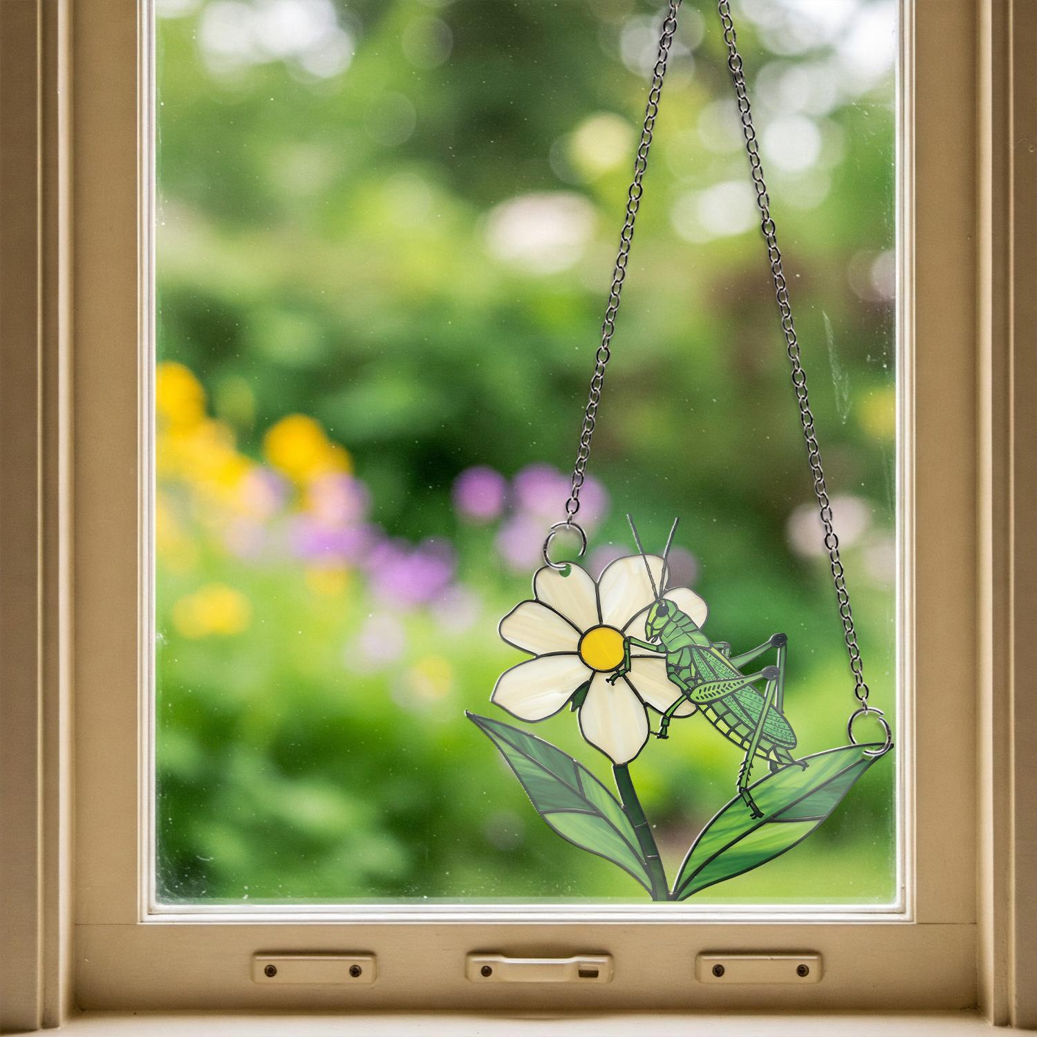 Grasshopper on White Flower ACRYLIC Window Hanging, Nature Insect Suncatcher, Garden Decor, Gift for Bug Lovers and Botanistsm, Gift For Mom
