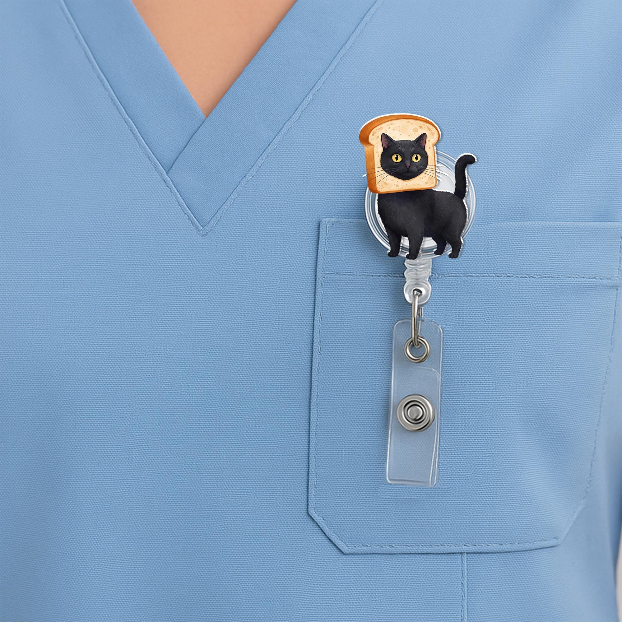 Black Cat Toast Badge Reel, Cute ID Holder, Funny Cat Lanyard Accessory, Nurse Gift, Office Badge Clip for Cat Lovers, Nurse Badge Reel