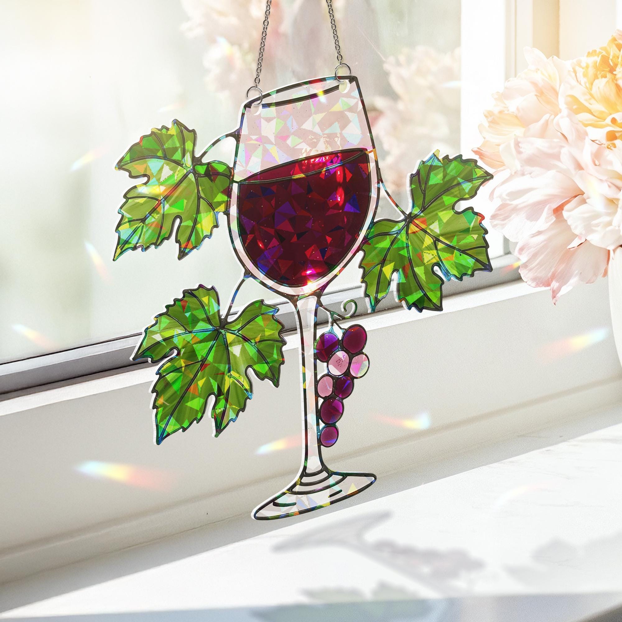 Wine Glass Suncatcher for Mom - Holographic Acrylic Mother's Day Gift - Grape Vine Window Hanging for Wine Lovers, Kitchen decor