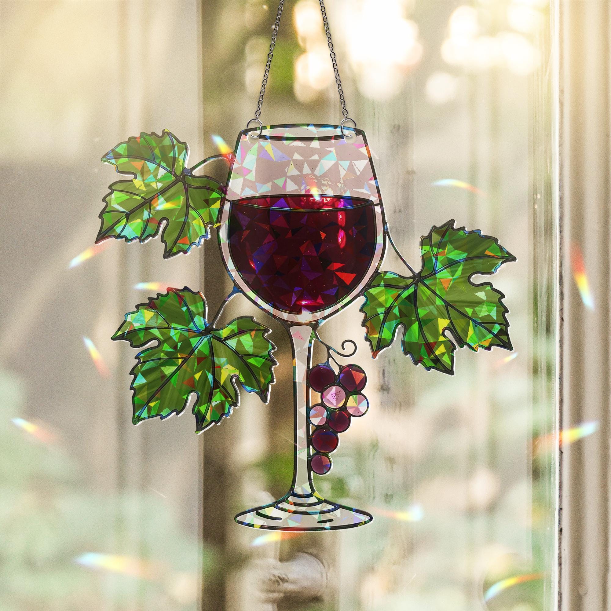 Wine Glass Suncatcher for Mom - Holographic Acrylic Mother's Day Gift - Grape Vine Window Hanging for Wine Lovers, Kitchen decor