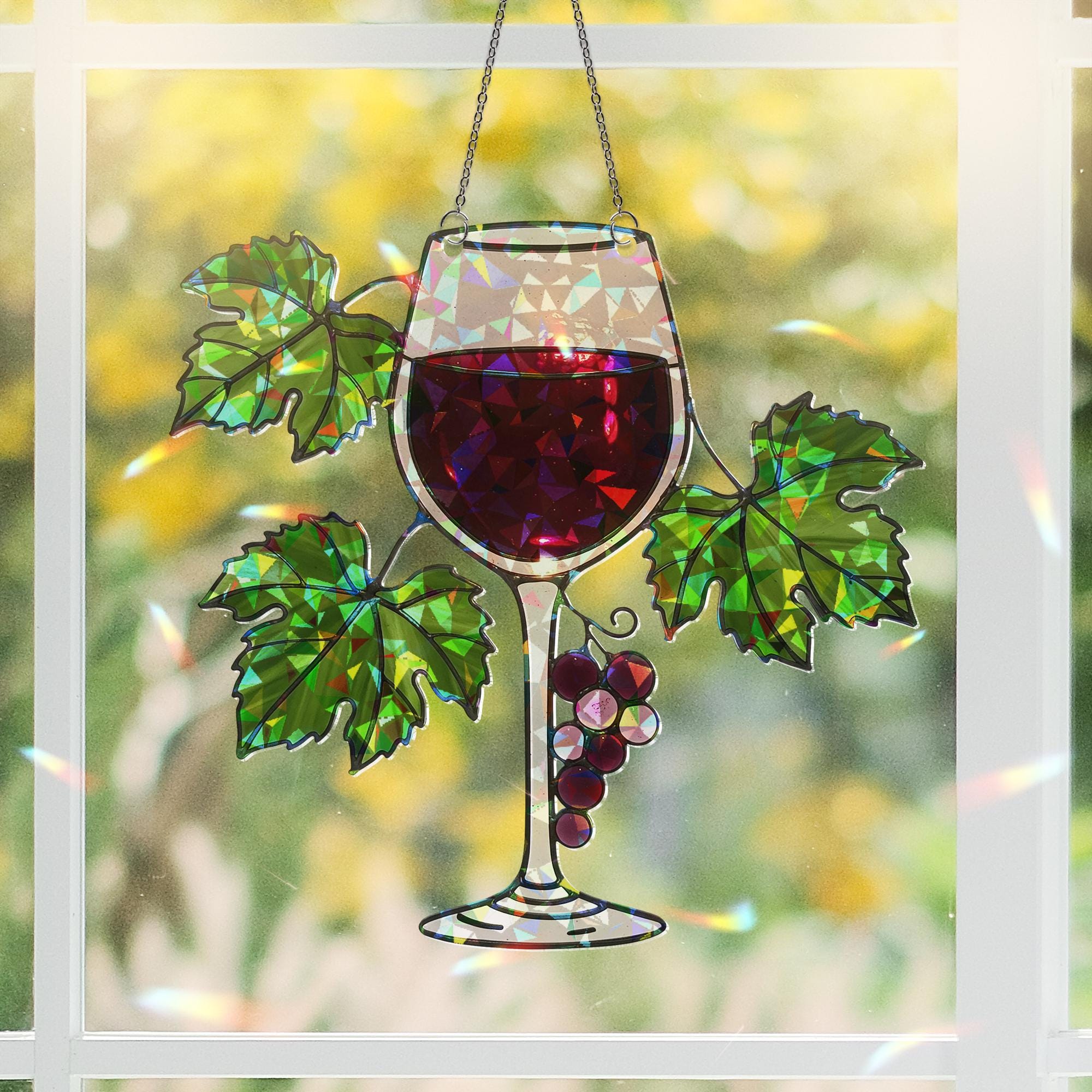 Wine Glass Suncatcher for Mom - Holographic Acrylic Mother's Day Gift - Grape Vine Window Hanging for Wine Lovers, Kitchen decor
