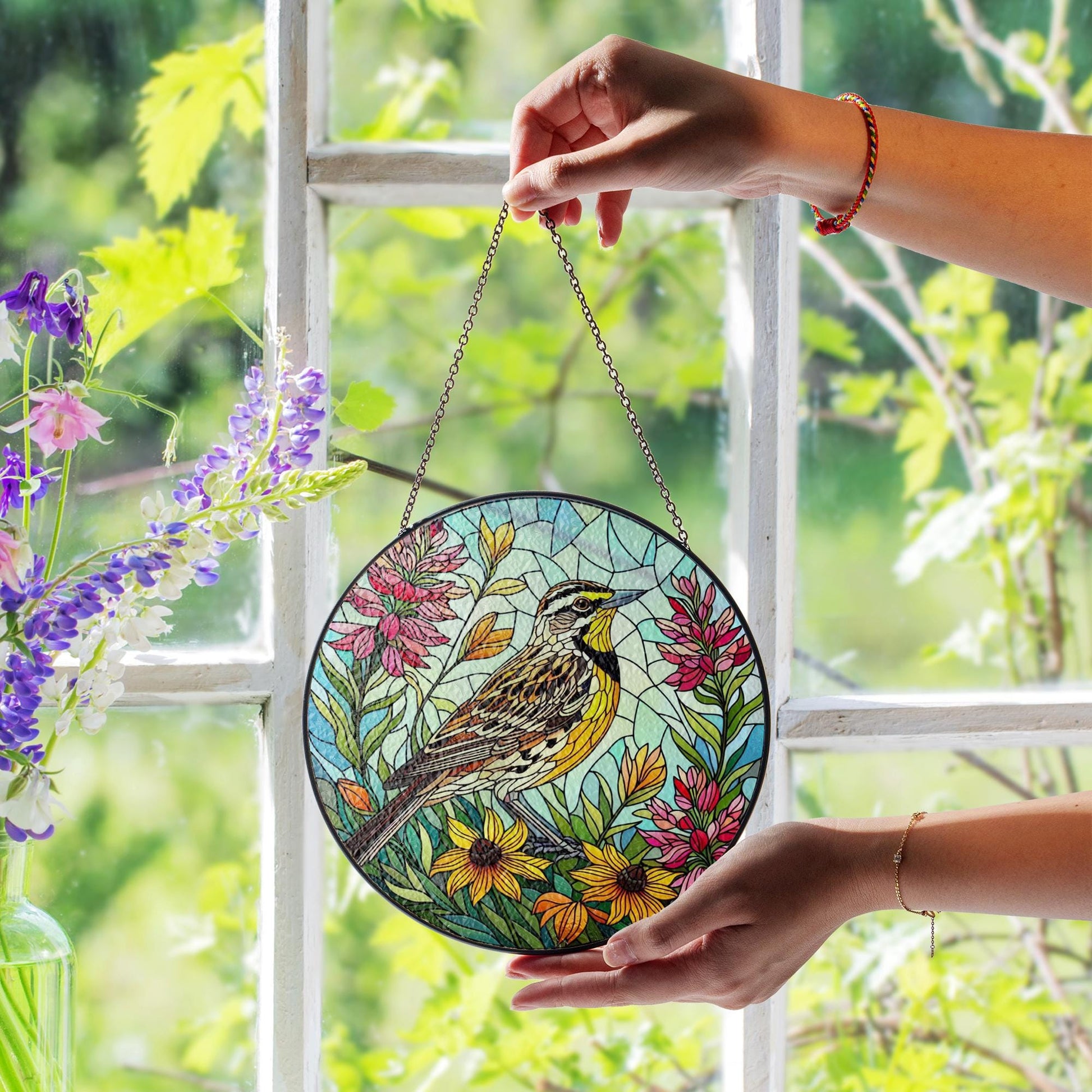 Wyoming State Bird Suncatcher - Western Meadowlark Glass Gift for Mom - Mother’s Day Window Hanging Floral Decor, Mom keepsake