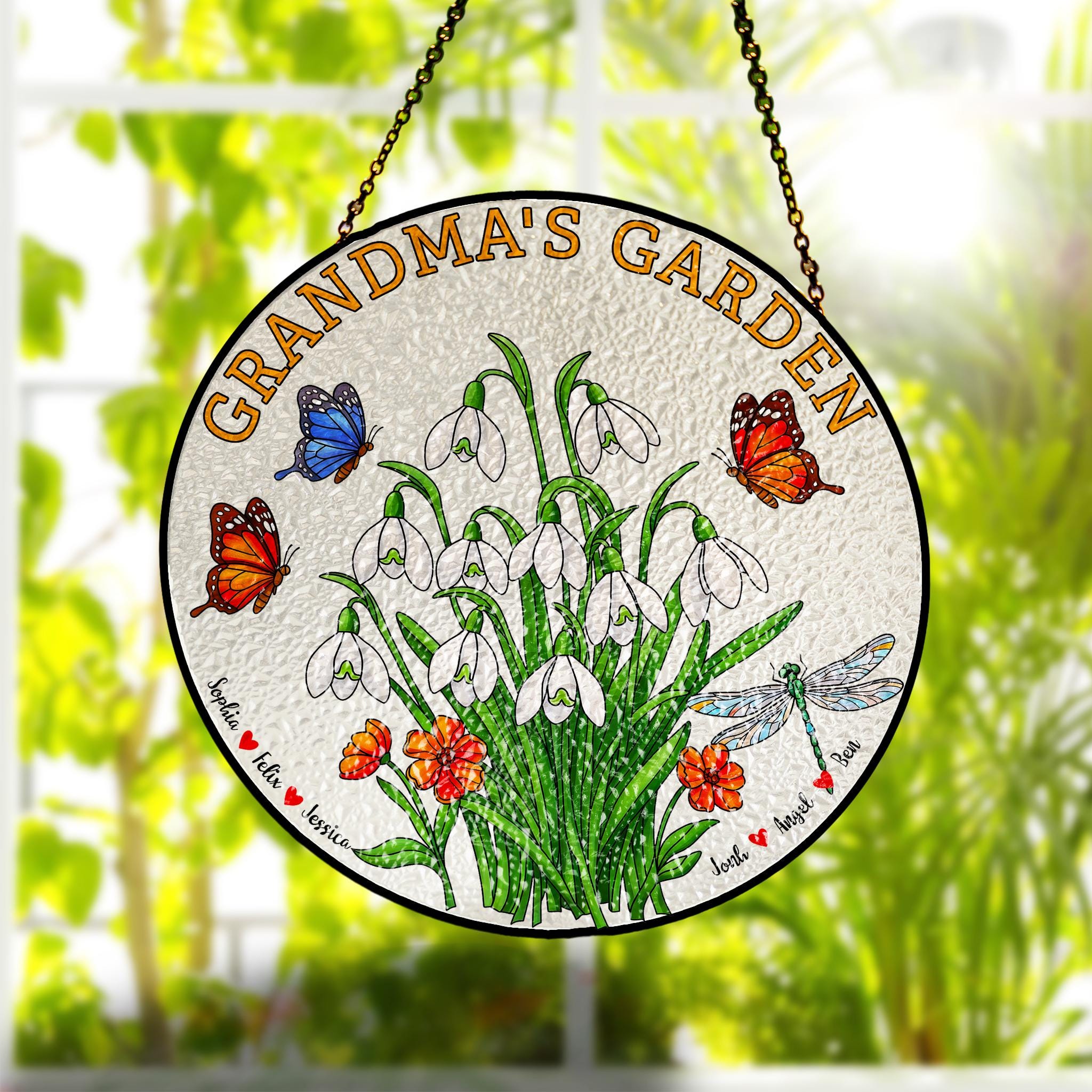 Personalized Grandma's Garden Suncatcher, Custom Names Window Hanging, Gift for Grandma, Floral Butterfly Glass Art Decor, Snowdrop Lover