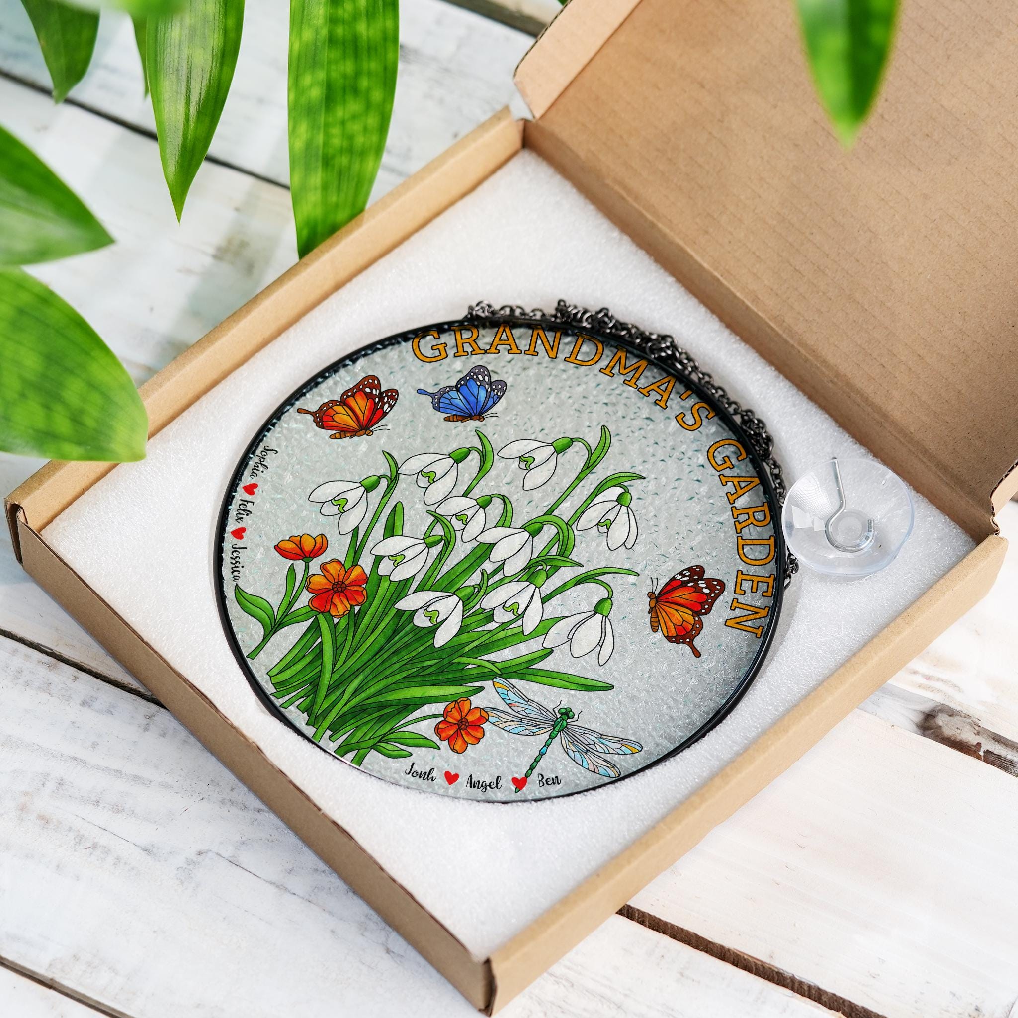 Personalized Grandma's Garden Suncatcher, Custom Names Window Hanging, Gift for Grandma, Floral Butterfly Glass Art Decor, Snowdrop Lover