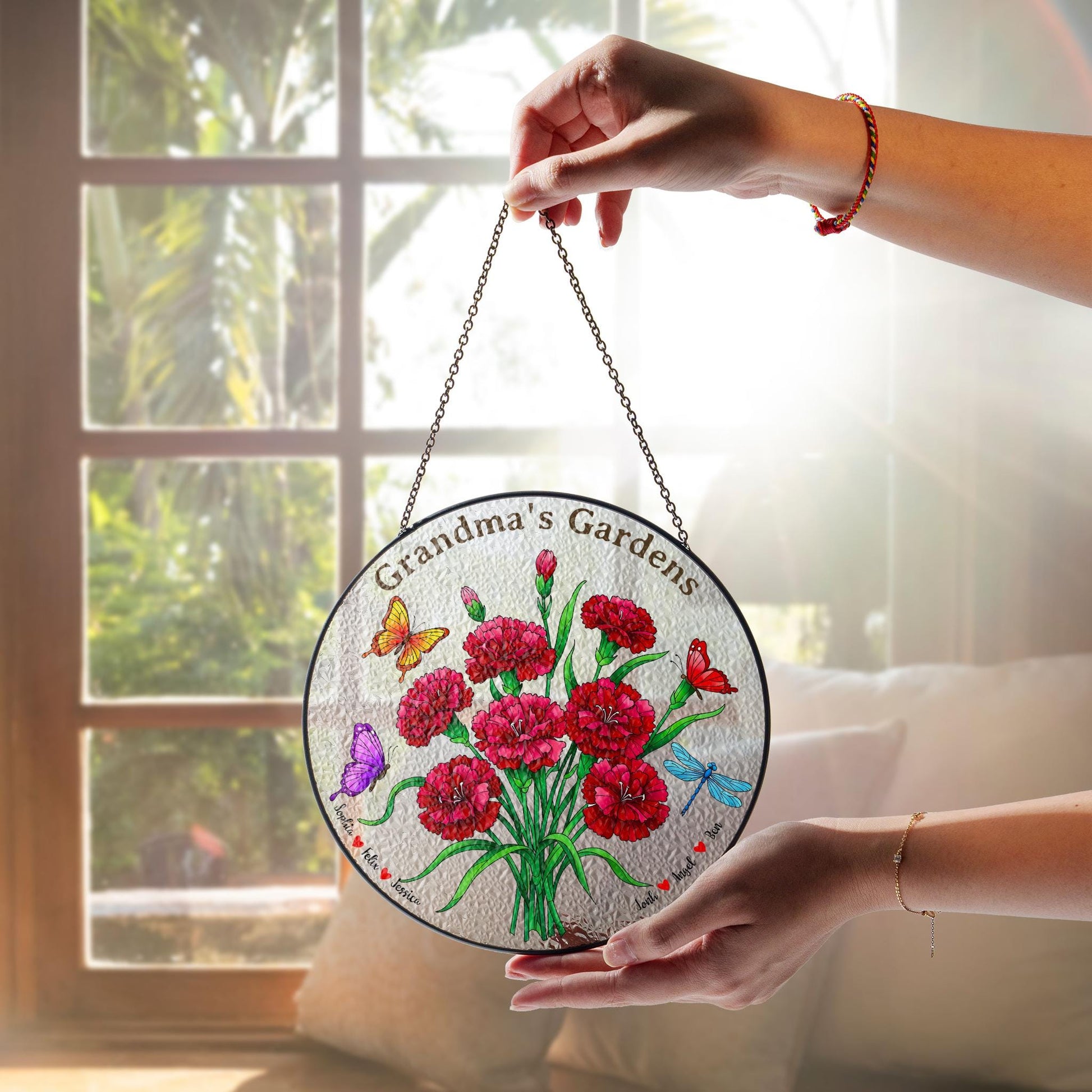 Personalized Grandma's Garden Suncatcher, Custom Names Window Hanging, Gift for Grandma, Floral Butterfly Glass Art Decor, Carnation Lover