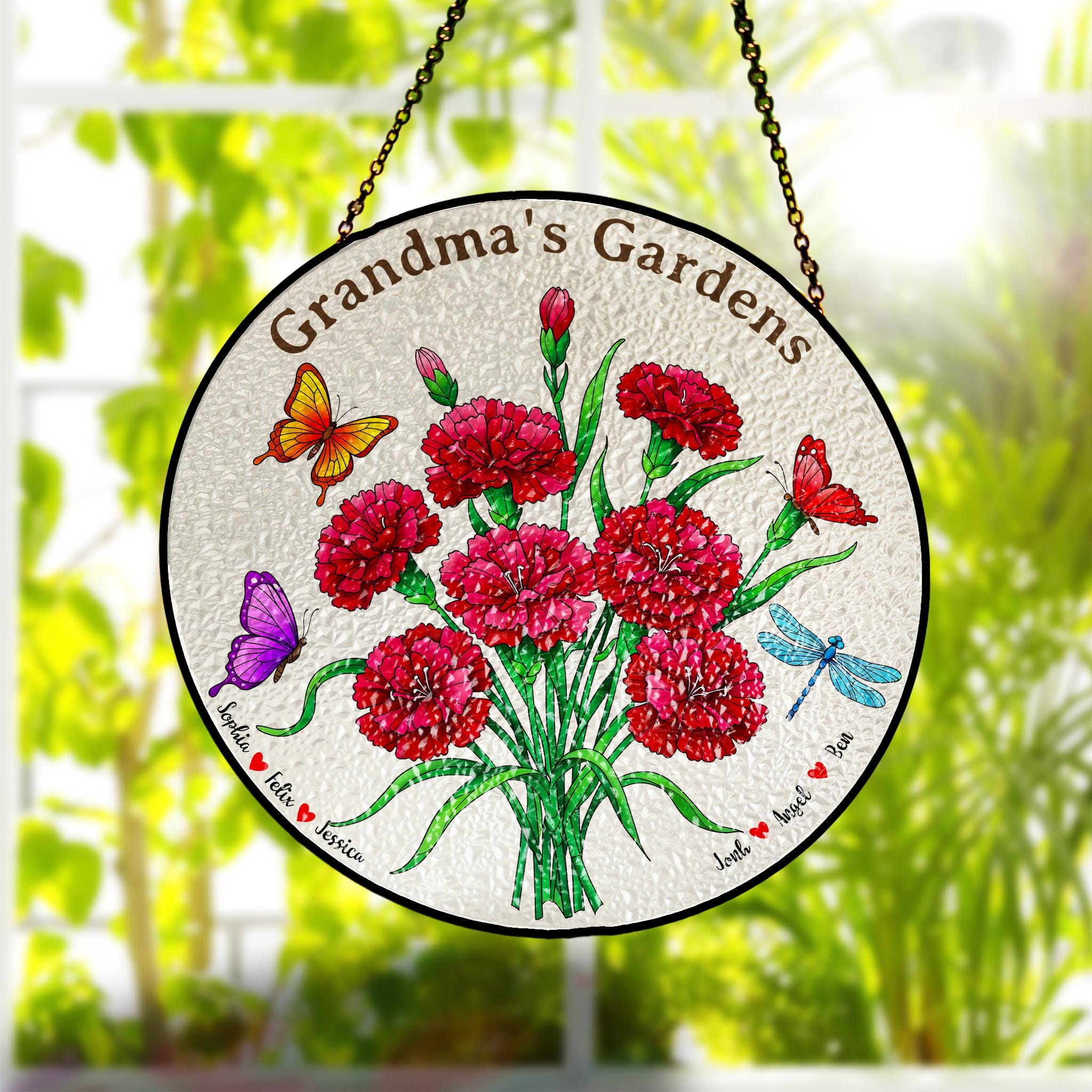 Personalized Grandma's Garden Suncatcher, Custom Names Window Hanging, Gift for Grandma, Floral Butterfly Glass Art Decor, Carnation Lover