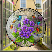 Personalized Grandma's Garden Suncatcher, Custom Names Window Hanging, Gift for Grandma, Floral Butterfly Glass Art Decor,Sweet Violet Lover