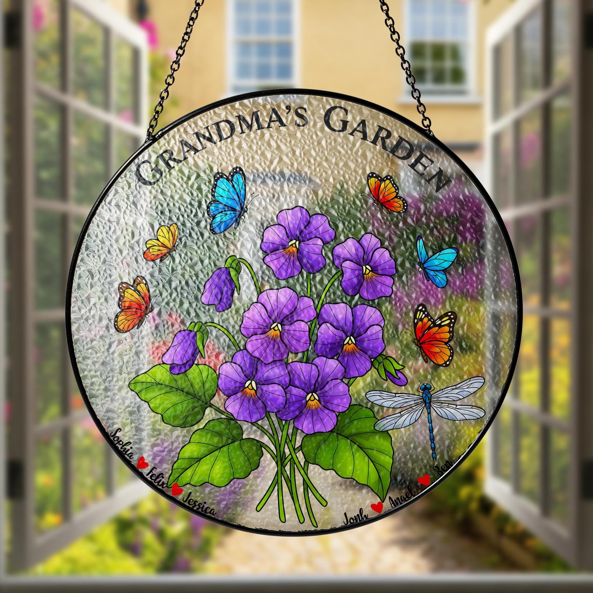 Personalized Grandma's Garden Suncatcher, Custom Names Window Hanging, Gift for Grandma, Floral Butterfly Glass Art Decor,Sweet Violet Lover