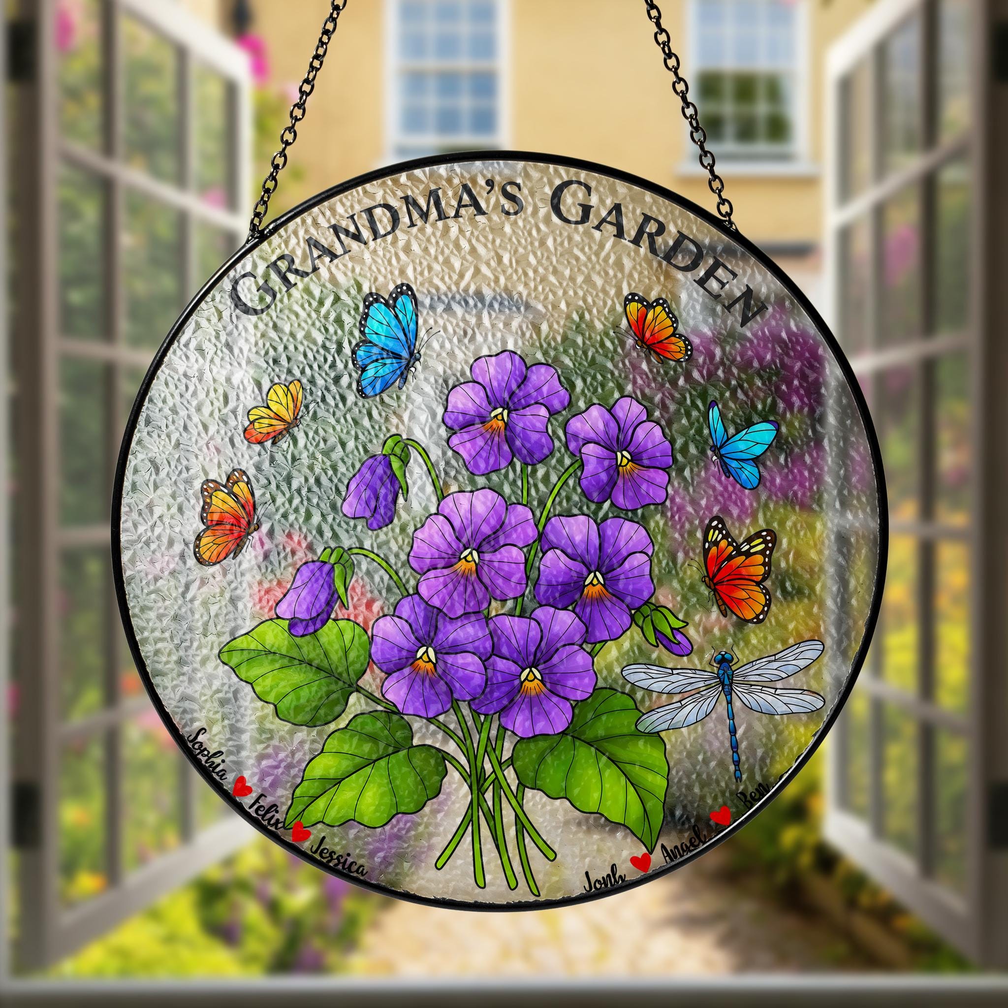 Personalized Grandma's Garden Suncatcher, Custom Names Window Hanging, Gift for Grandma, Floral Butterfly Glass Art Decor,Sweet Violet Lover