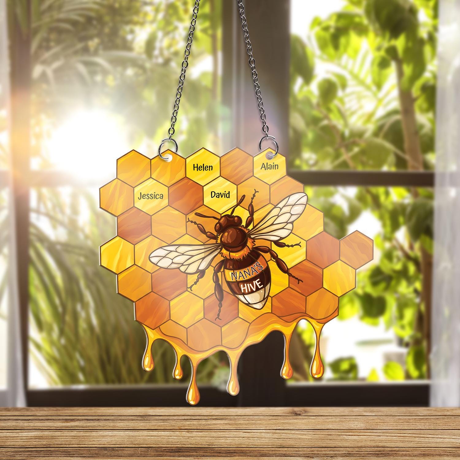 Personalized Bee Honeycomb Acrylic Ornament, Custom Name Window Hanging, Nana's Hive Grandma Gift, Dripping Honey Decor, Mother's Day