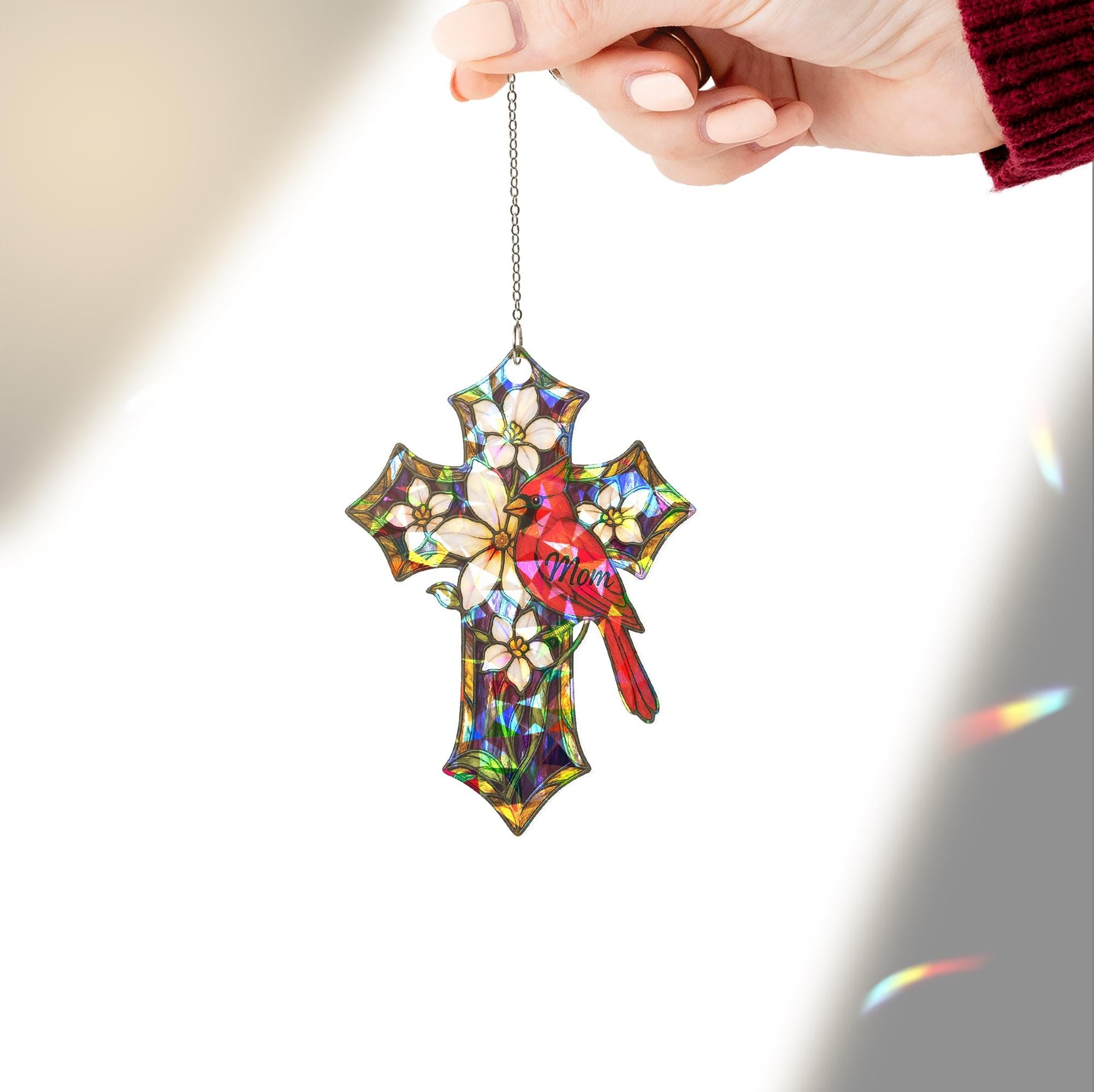 Memorial Cross Suncatcher – Holographic Acrylic Cardinal Gift for Mom or Nana, Personalized Mother's Day Remembrance Ornament