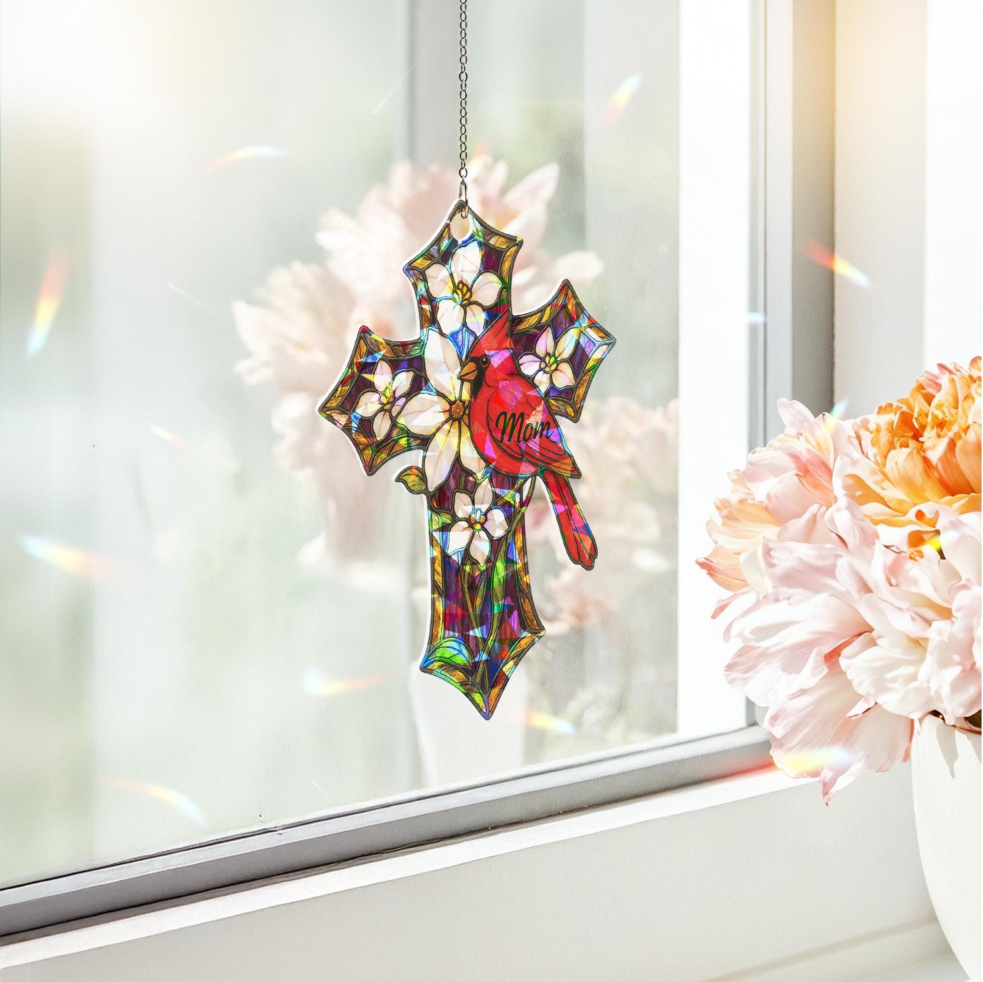 Memorial Cross Suncatcher – Holographic Acrylic Cardinal Gift for Mom or Nana, Personalized Mother's Day Remembrance Ornament