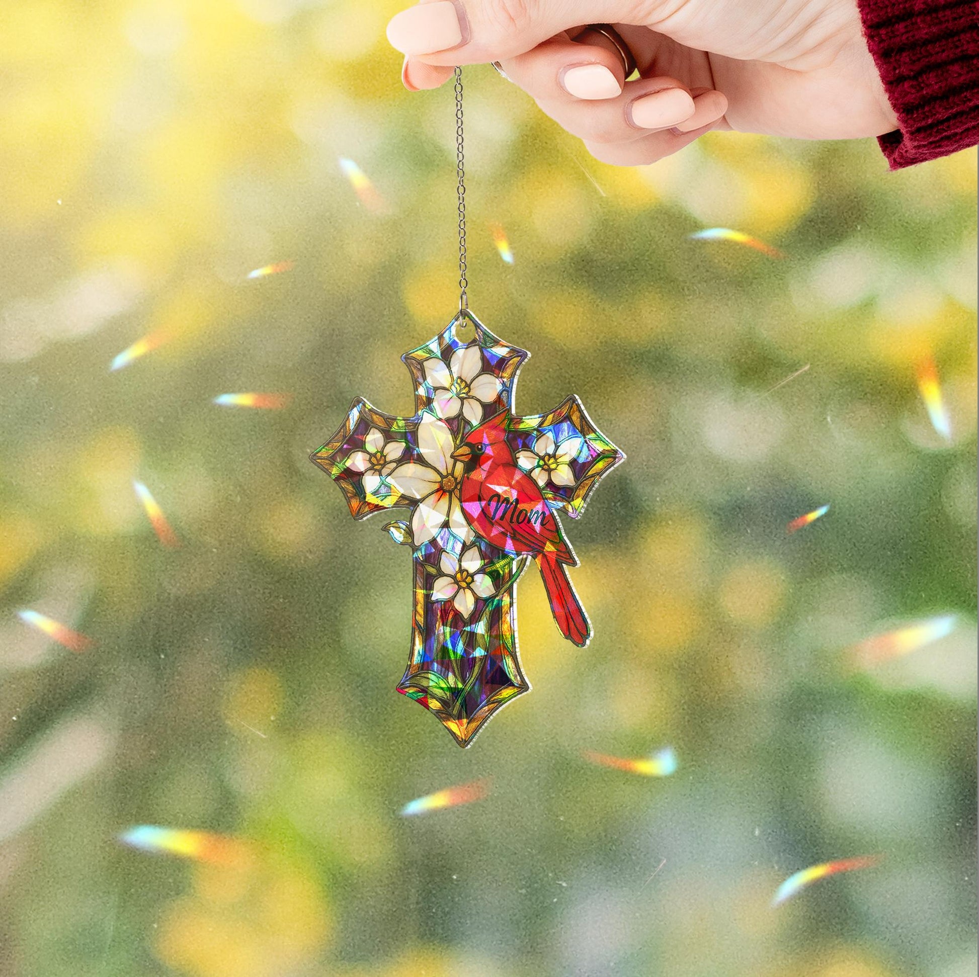 Memorial Cross Suncatcher – Holographic Acrylic Cardinal Gift for Mom or Nana, Personalized Mother's Day Remembrance Ornament