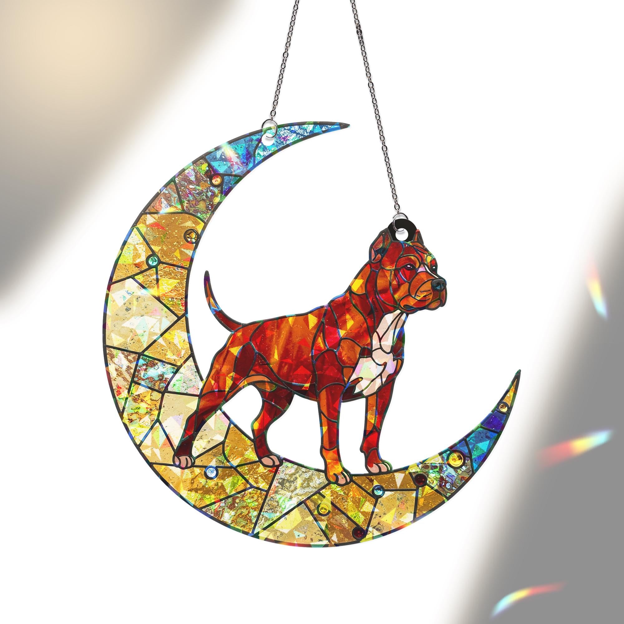 Pitbull Mom Acrylic Suncatcher – Holographic Dog Lover Gift for Mother’s Day, Crescent Moon Window Decor, FAUX stained glass