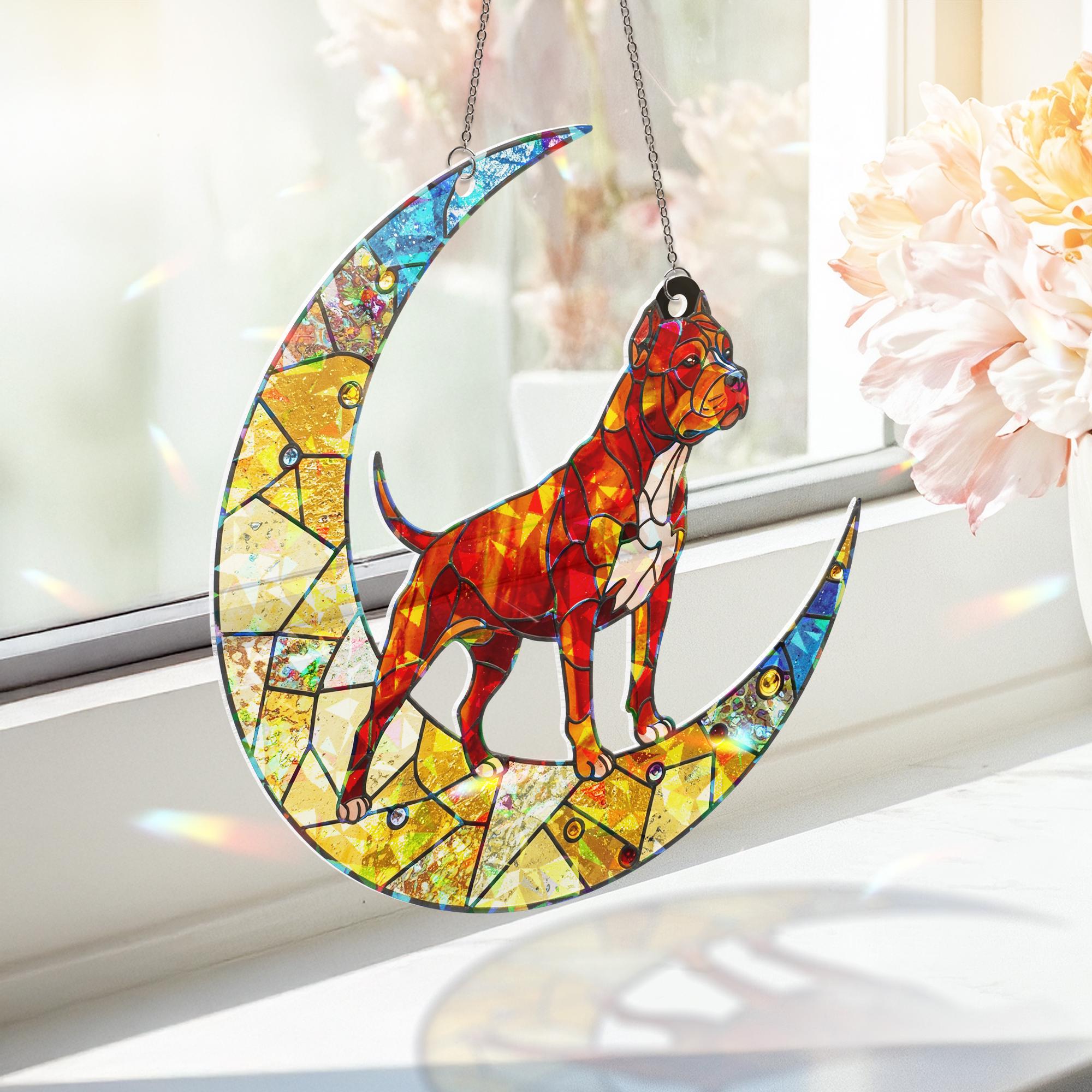 Pitbull Mom Acrylic Suncatcher – Holographic Dog Lover Gift for Mother’s Day, Crescent Moon Window Decor, FAUX stained glass
