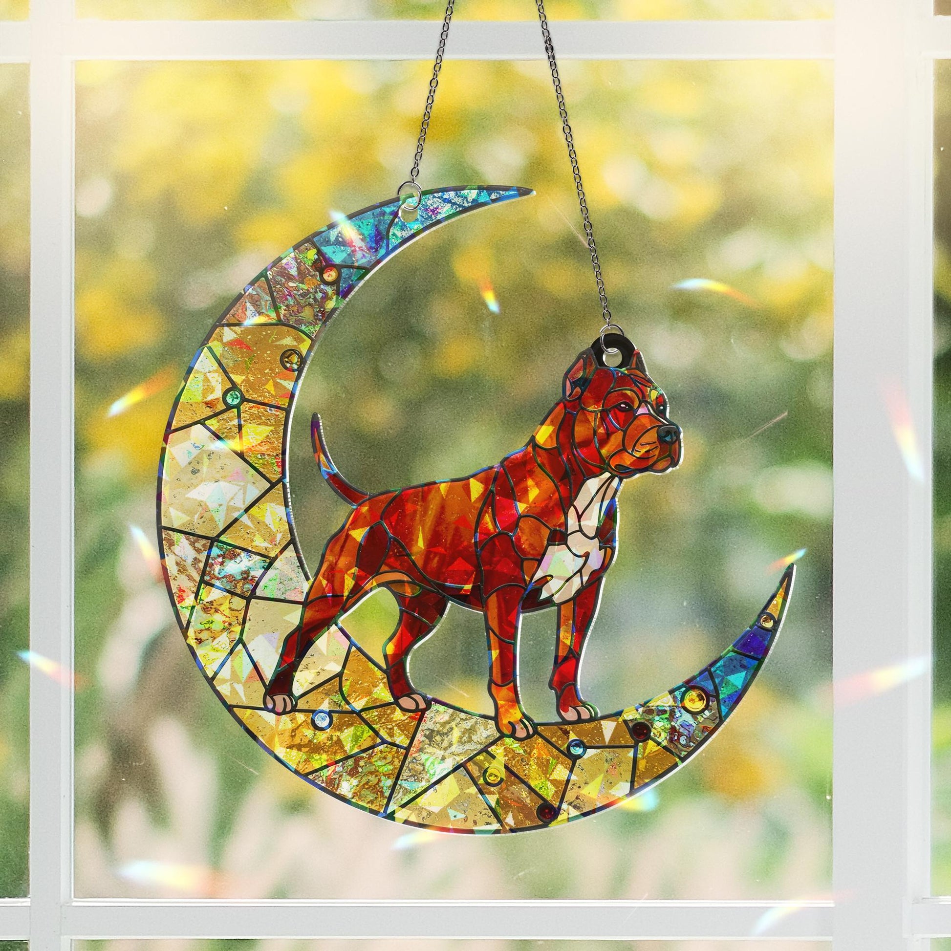 Pitbull Mom Acrylic Suncatcher – Holographic Dog Lover Gift for Mother’s Day, Crescent Moon Window Decor, FAUX stained glass