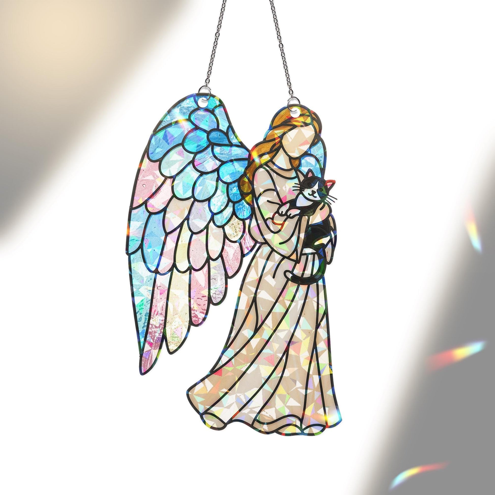 Guardian Angel with Tuxedo Cat – Holographic Acrylic Suncatcher Gift for Cat Mom, Cat Lover Decor, Cat Mama Gift, Cat Memorial,Pet Loss Gift