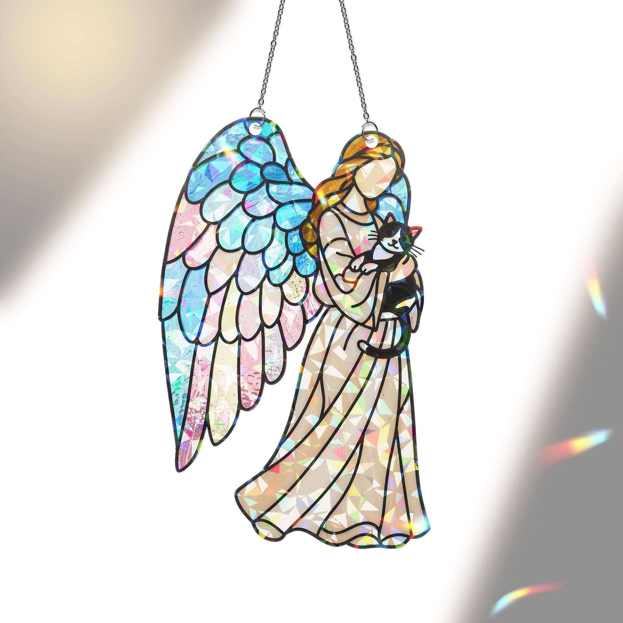 Guardian Angel with Tuxedo Cat – Holographic Acrylic Suncatcher Gift for Cat Mom, Cat Lover Decor, Cat Mama Gift, Cat Memorial,Pet Loss Gift