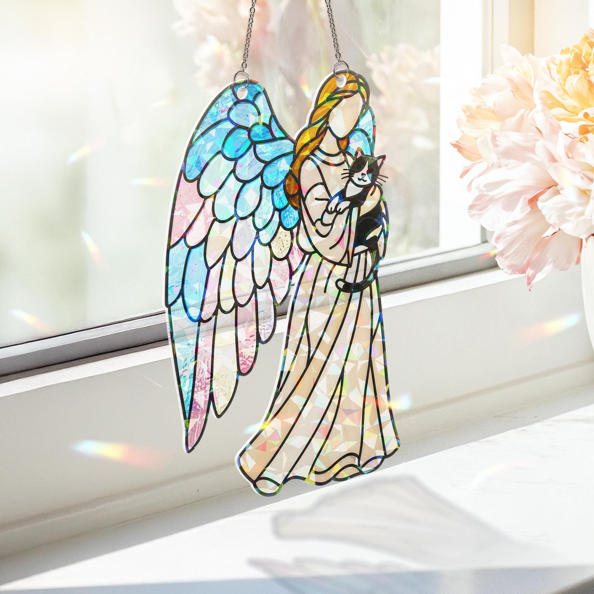 Guardian Angel with Tuxedo Cat – Holographic Acrylic Suncatcher Gift for Cat Mom, Cat Lover Decor, Cat Mama Gift, Cat Memorial,Pet Loss Gift