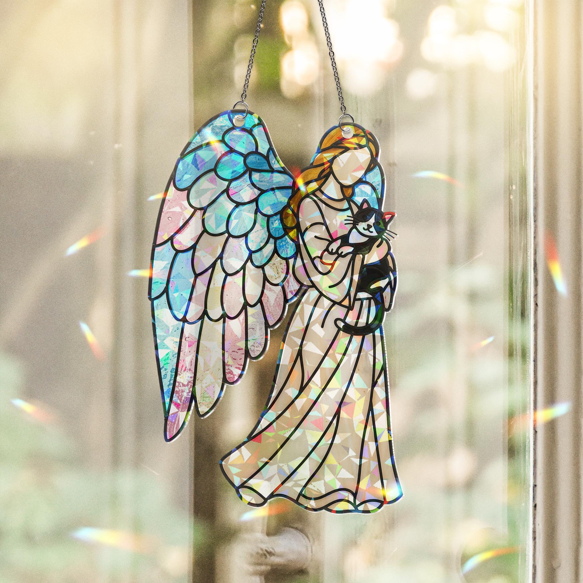 Guardian Angel with Tuxedo Cat – Holographic Acrylic Suncatcher Gift for Cat Mom, Cat Lover Decor, Cat Mama Gift, Cat Memorial,Pet Loss Gift