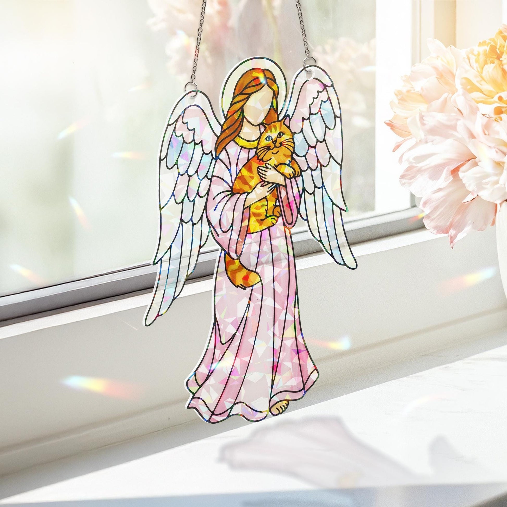 Guardian Angel with Orange Cat – Holographic Acrylic Suncatcher Gift for Cat Mom, Cat Lover Decor, Cat Mama Gift, Cat Memorial,Pet Loss Gift