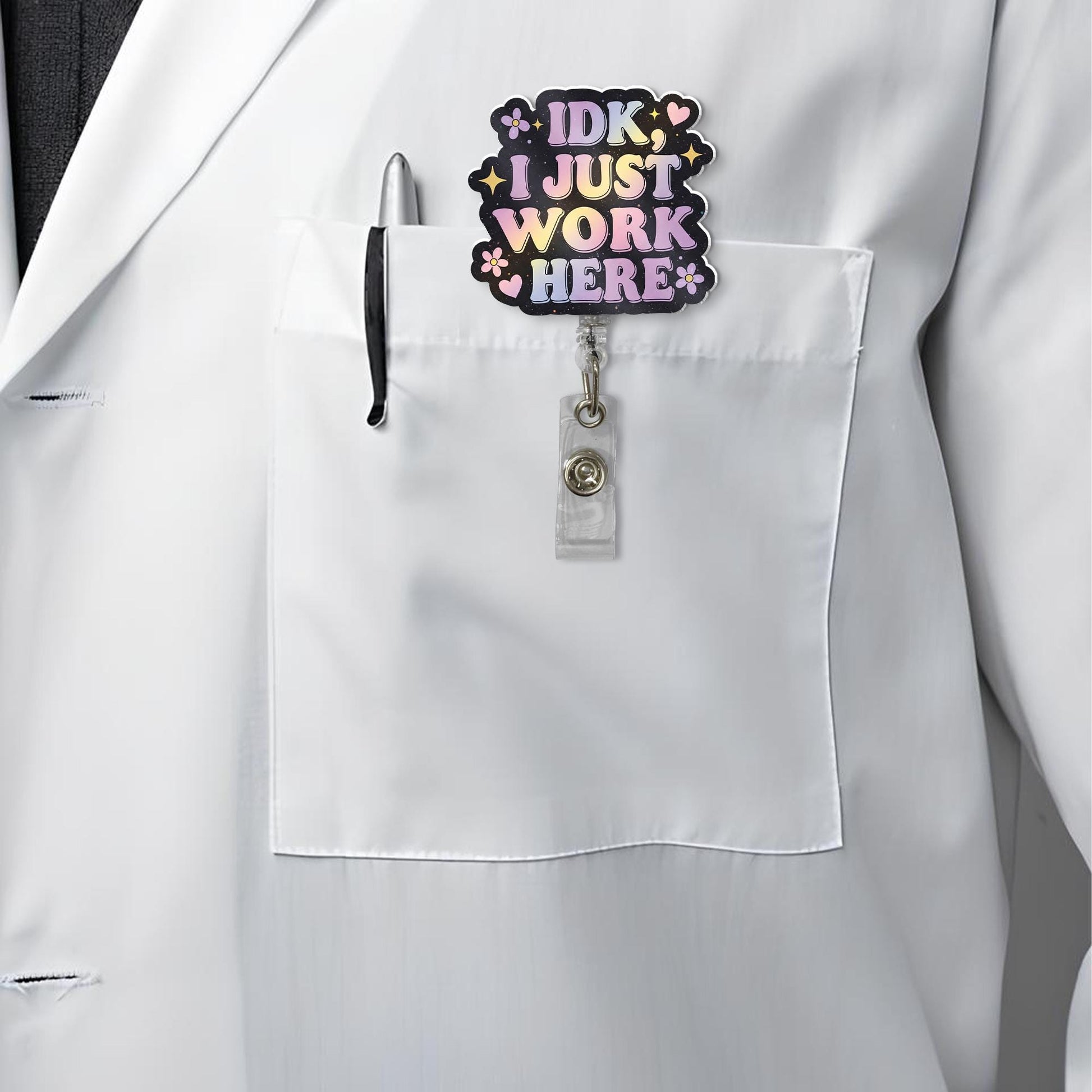 IDK I Just Work Here Badge Reel, Funny Pastel Aesthetic ID Holder for Nurses, Teachers, Office, Cute Coworker Gift, Mental health Badge Reel