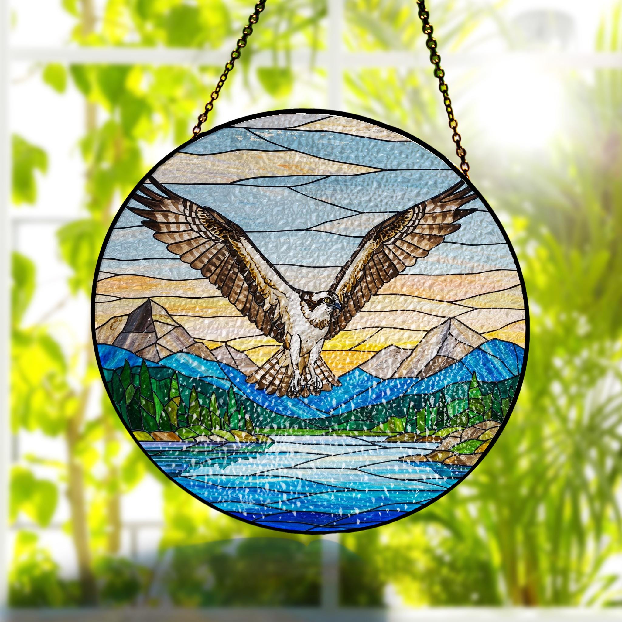 Osprey Bird Glass Suncatcher – Handcrafted Nature Window Hanging, Mountain Landscape Bird Gift for Home Decor, Mother's day gift
