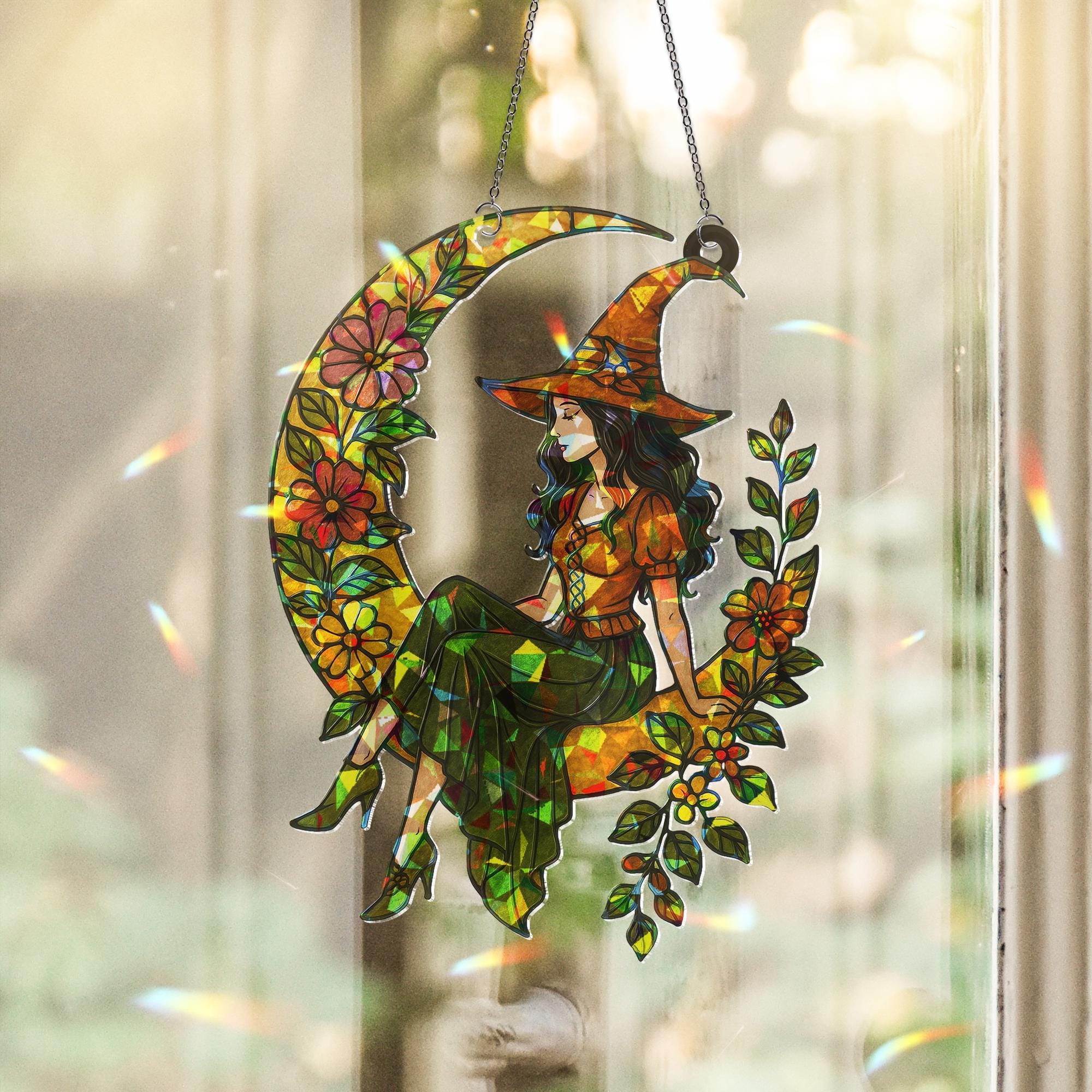 Witchy Moon Suncatcher – Holographic Acrylic Crescent Gift for Mother’s Day, Floral Witch Window Decor, window hanging