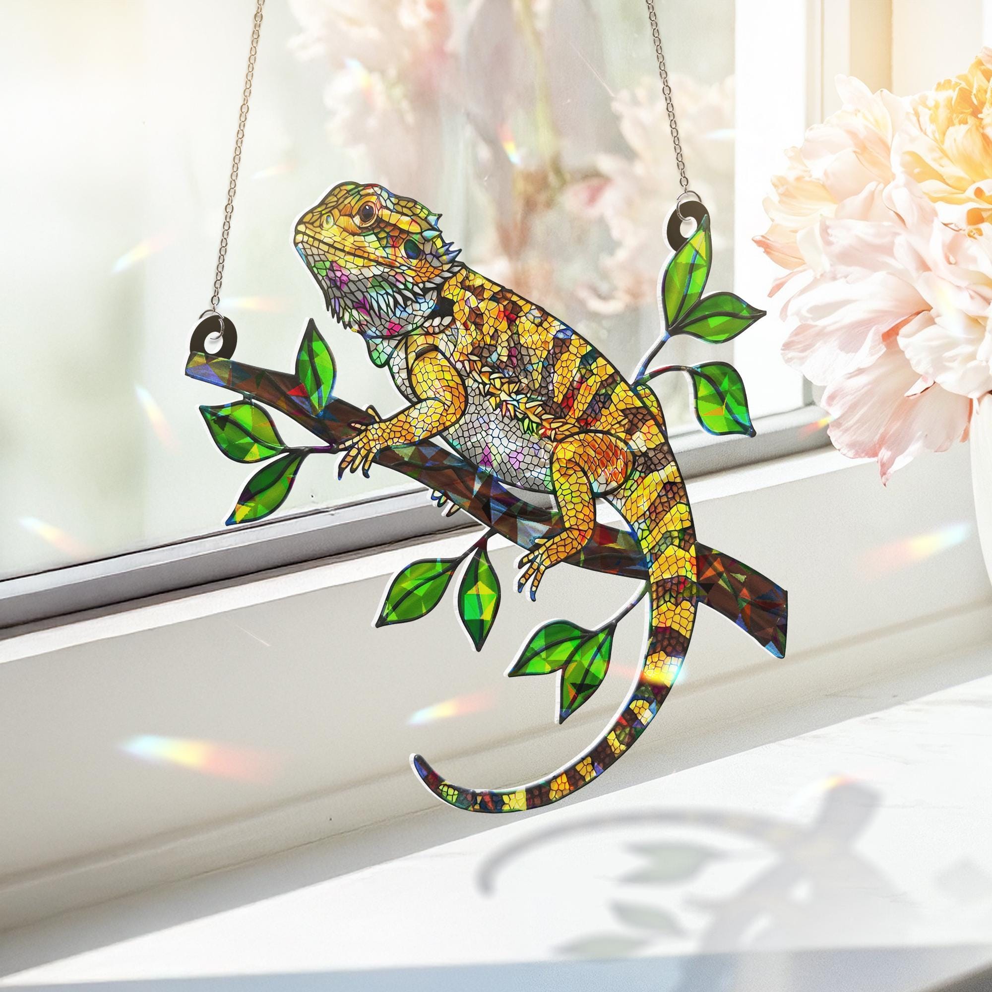 Bearded Dragon Suncatcher – Holographic Acrylic Lizard Gift for Reptile Mom, Mother’s Day Window Decor gift for bearded dragon lover
